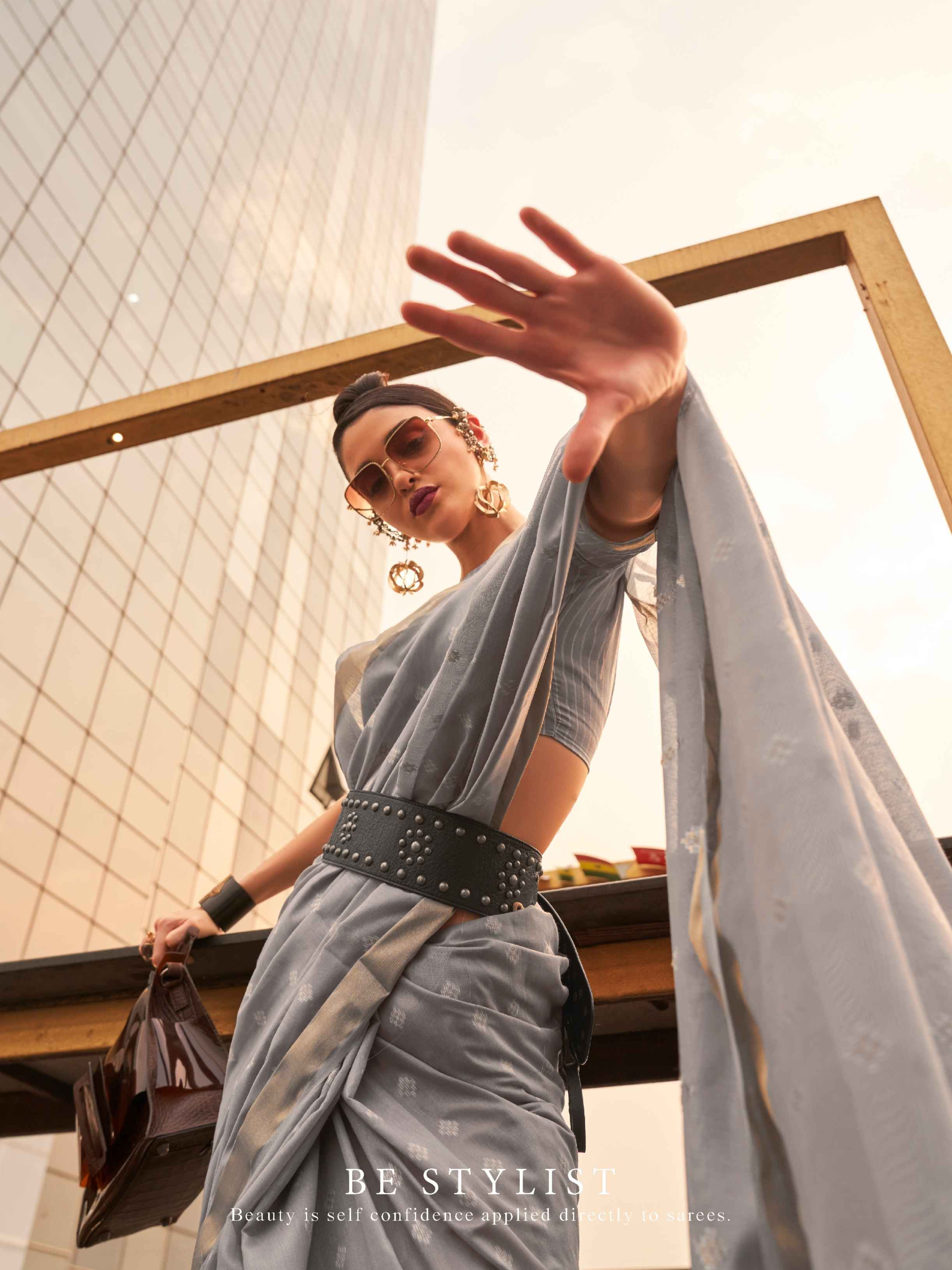 Grey Modal Poly Viscose Handloom Saree