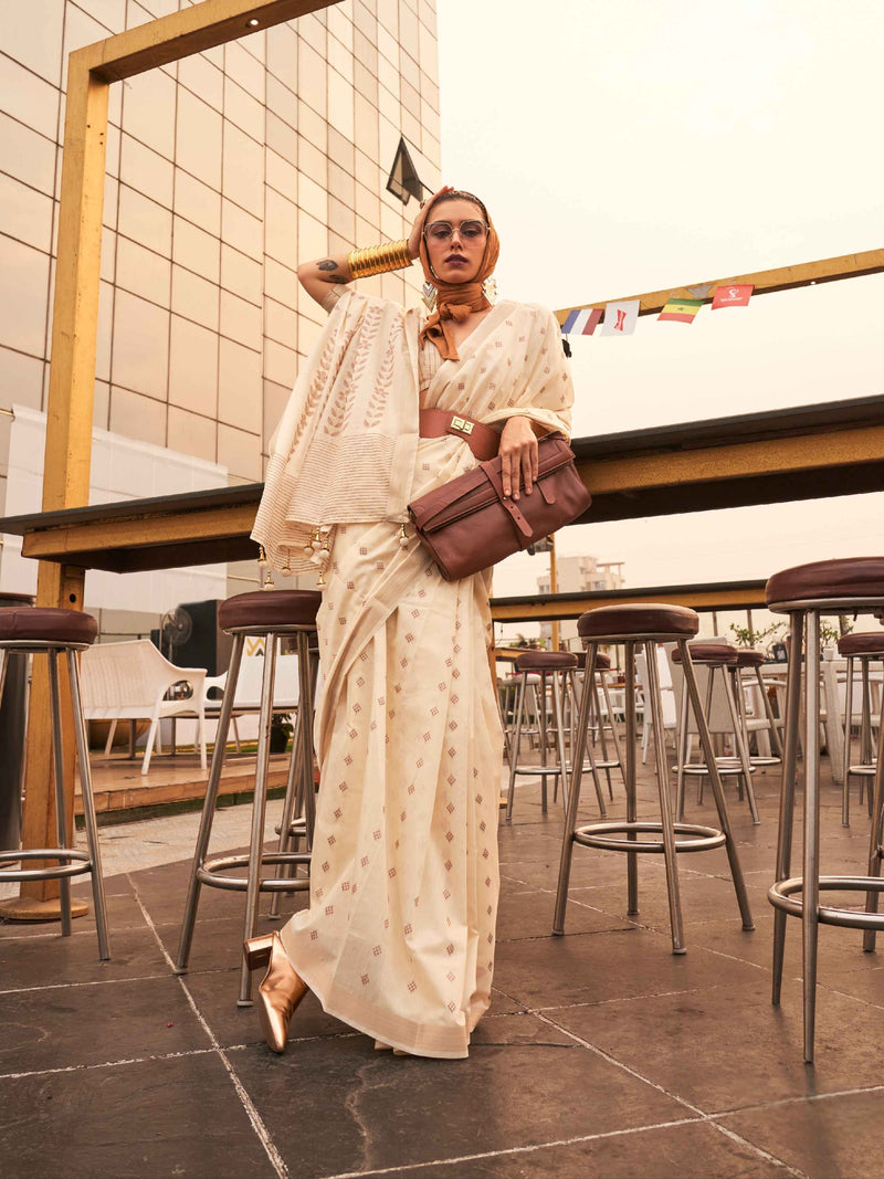 Cream Modal Poly Viscose Handloom Saree