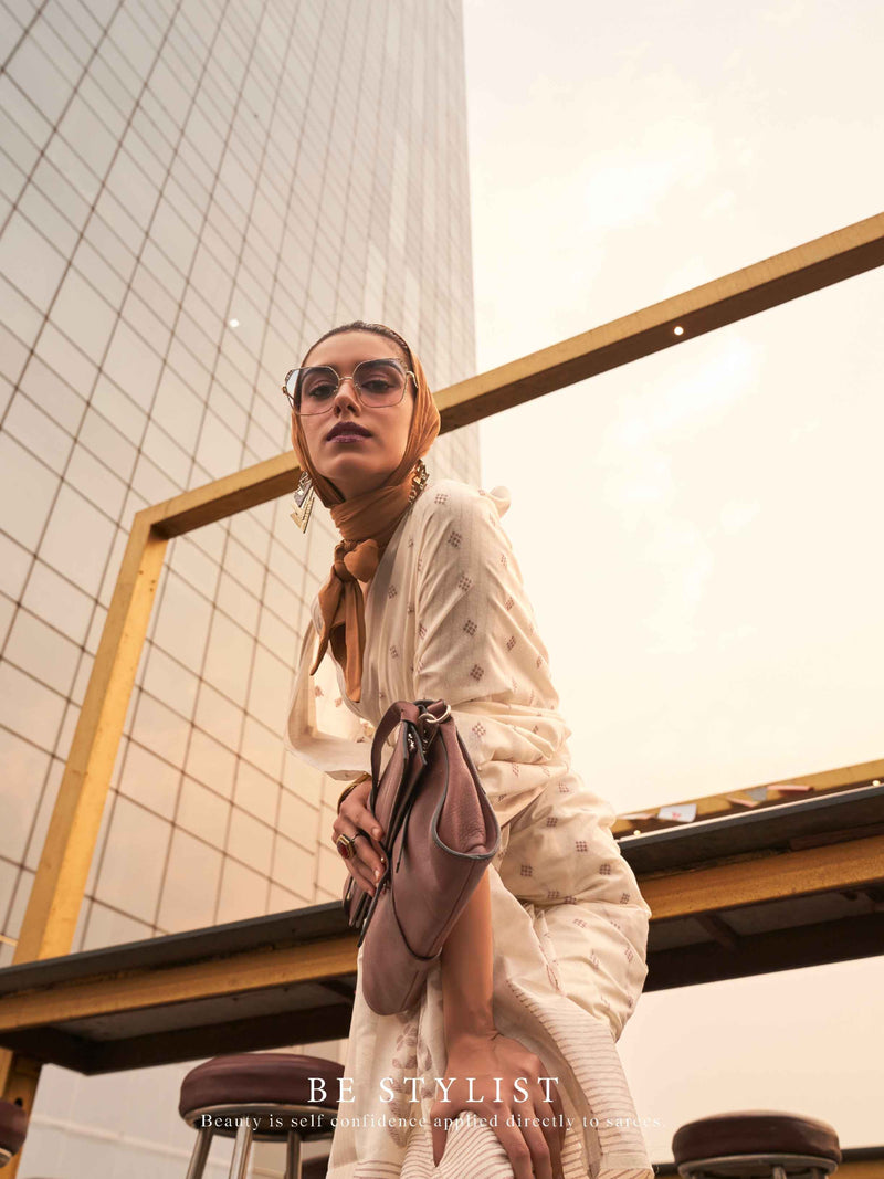 Cream Modal Poly Viscose Handloom Saree