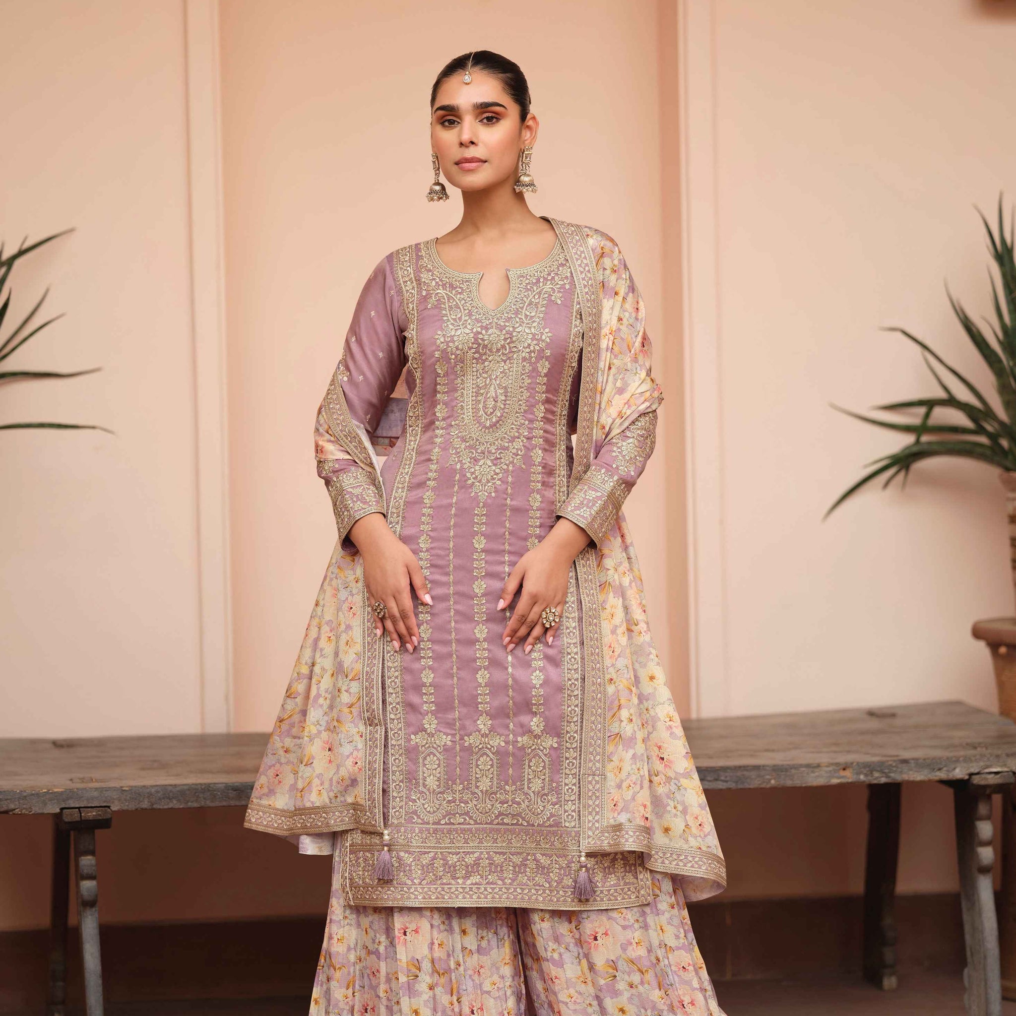 Lavender Embroidered Simar Silk Palazzo Suit with Chinnon Dupatta
