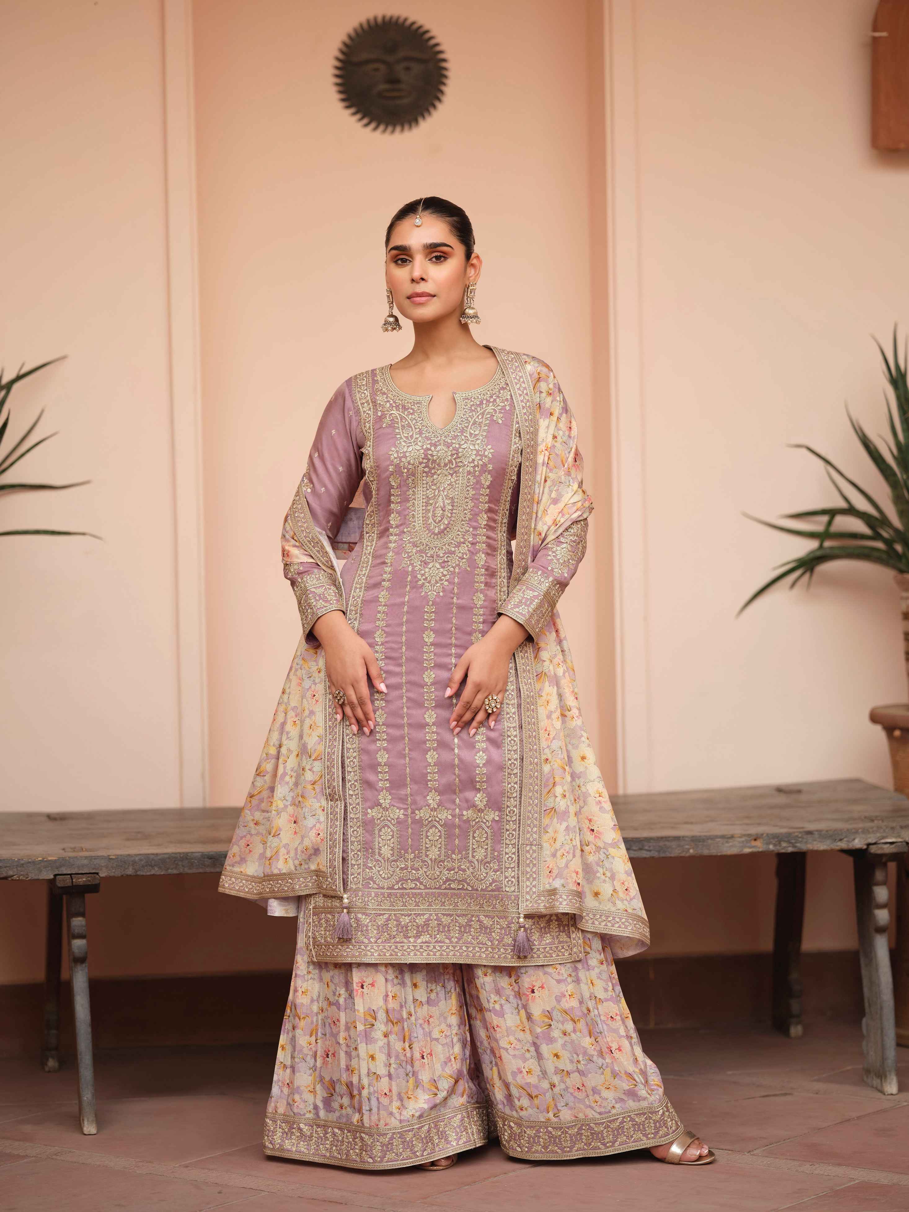 Lavender Embroidered Simar Silk Palazzo Suit with Chinnon Dupatta