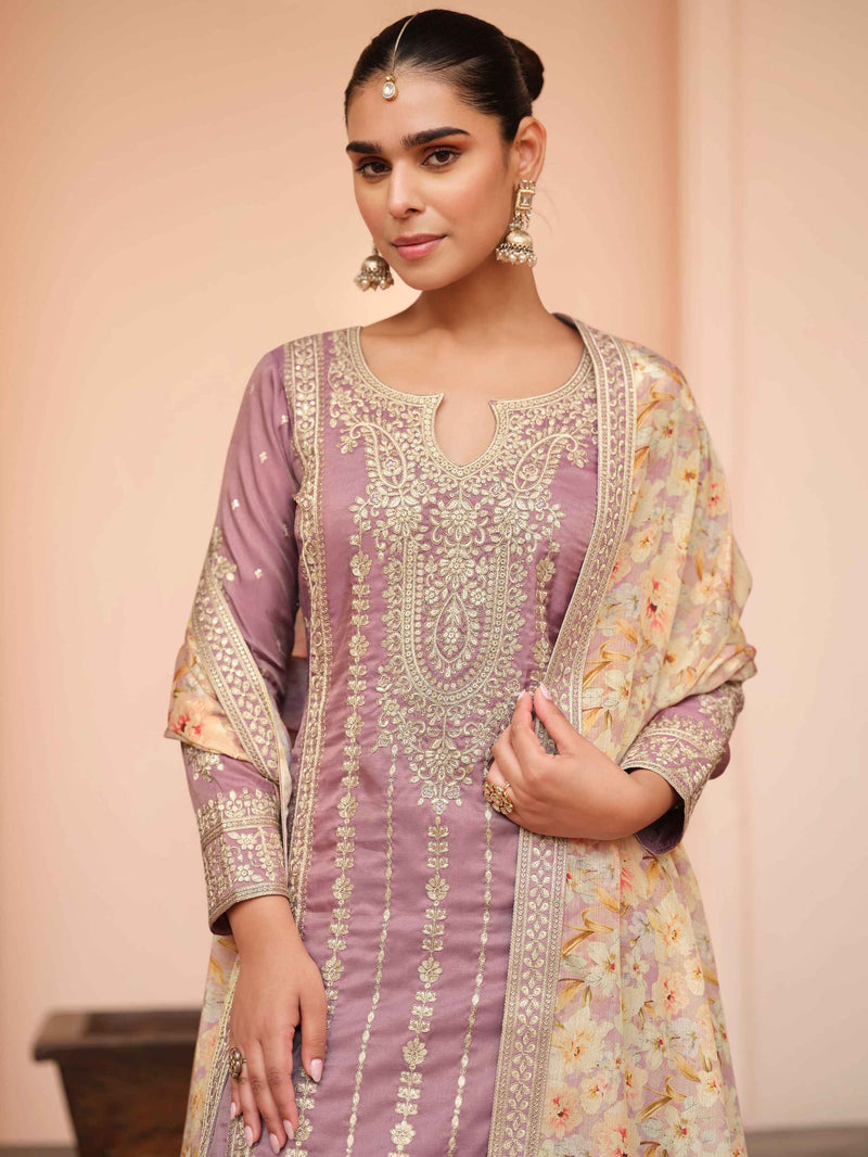 Lavender Embroidered Simar Silk Palazzo Suit with Chinnon Dupatta