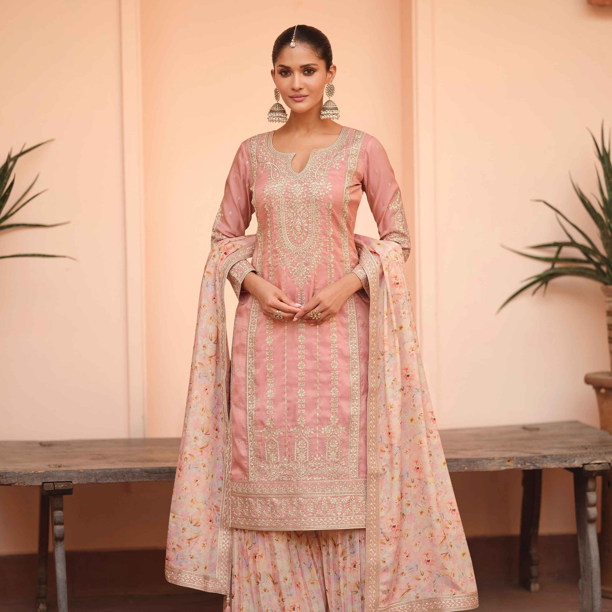 Onion Pink Simar Silk Palazzo Suit with Chinnon Dupatta
