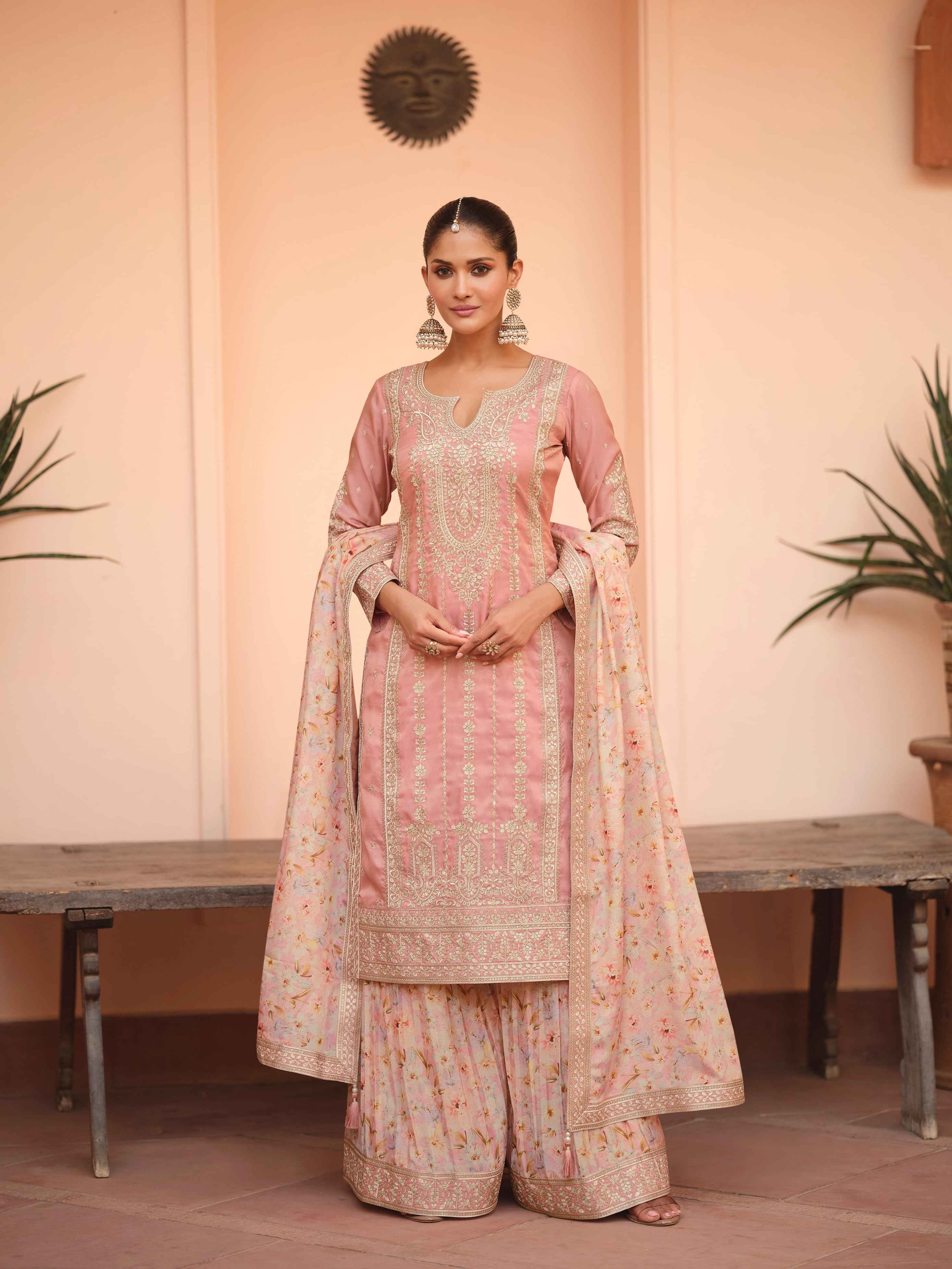 Onion Pink Simar Silk Palazzo Suit with Chinnon Dupatta