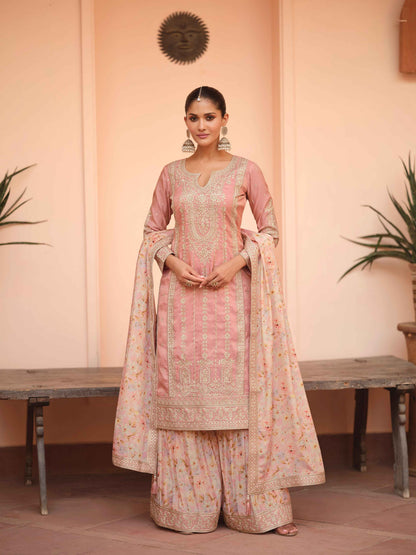 Onion Pink Simar Silk Palazzo Suit with Chinnon Dupatta