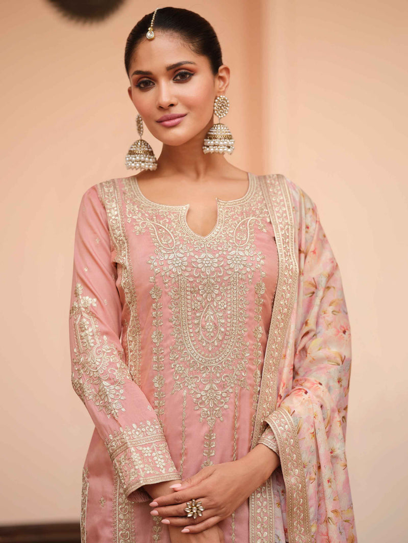 Onion Pink Simar Silk Palazzo Suit with Chinnon Dupatta