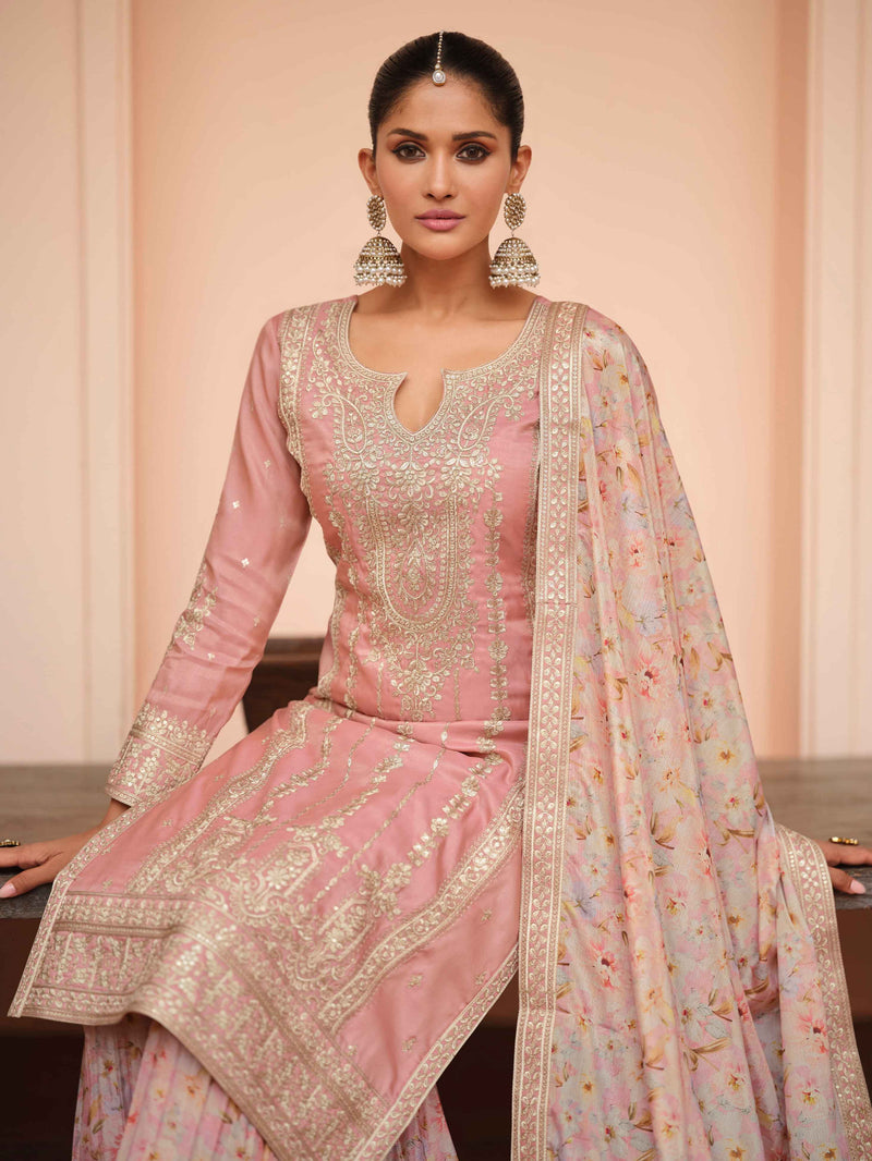 Onion Pink Simar Silk Palazzo Suit with Chinnon Dupatta