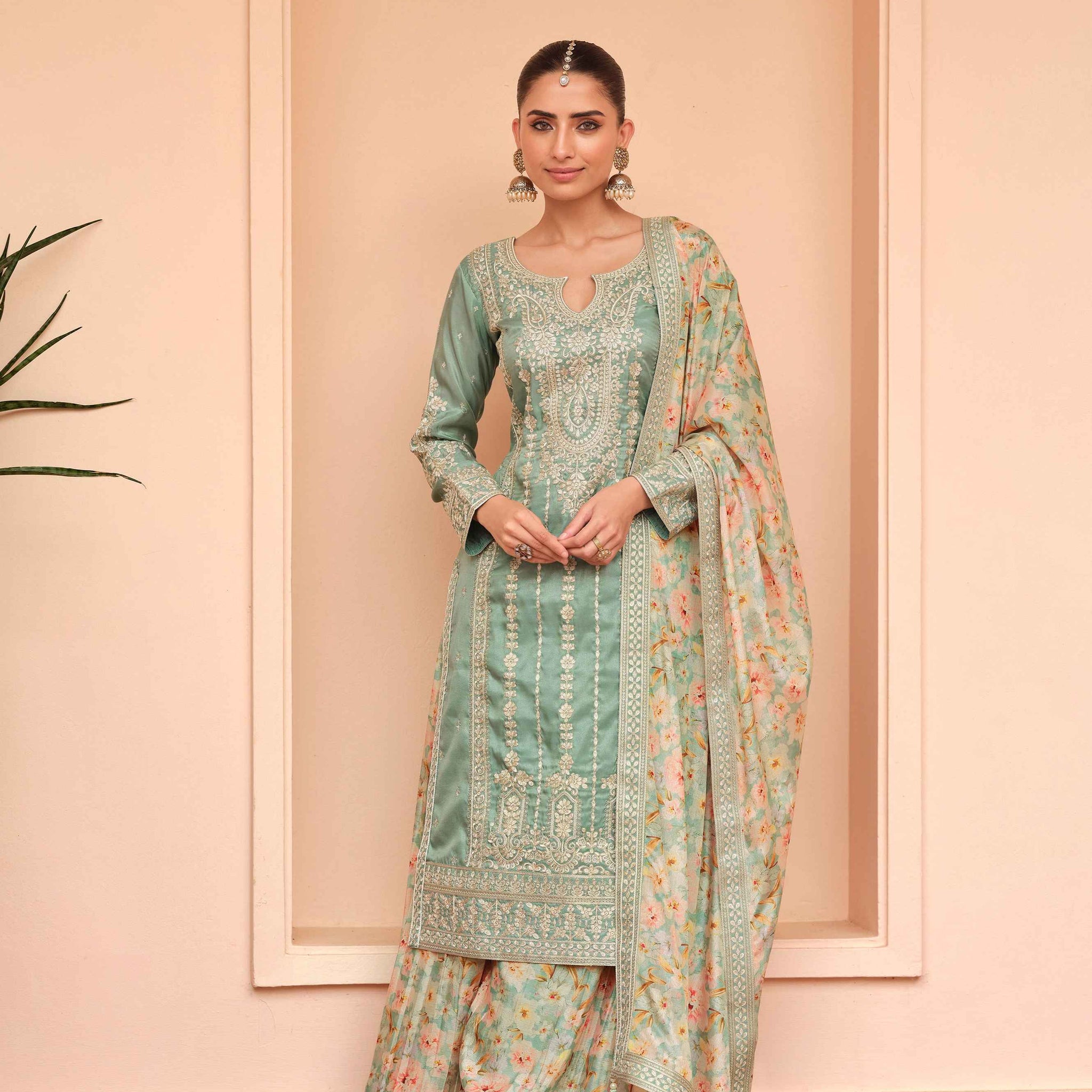 Sage Green Simar Silk Palazzo Suit with Floral Chinnon Dupatta