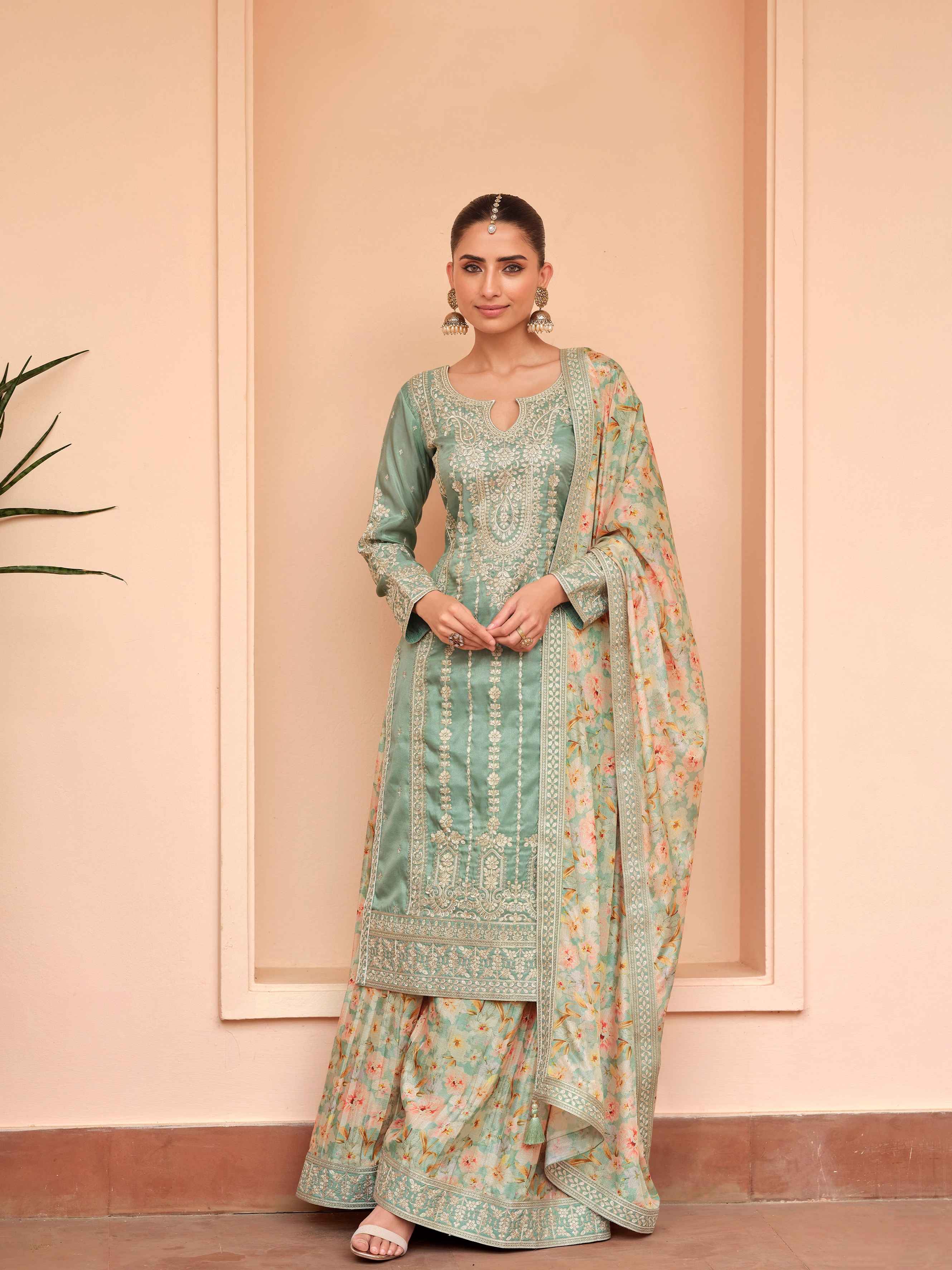 Sage Green Simar Silk Palazzo Suit with Floral Chinnon Dupatta