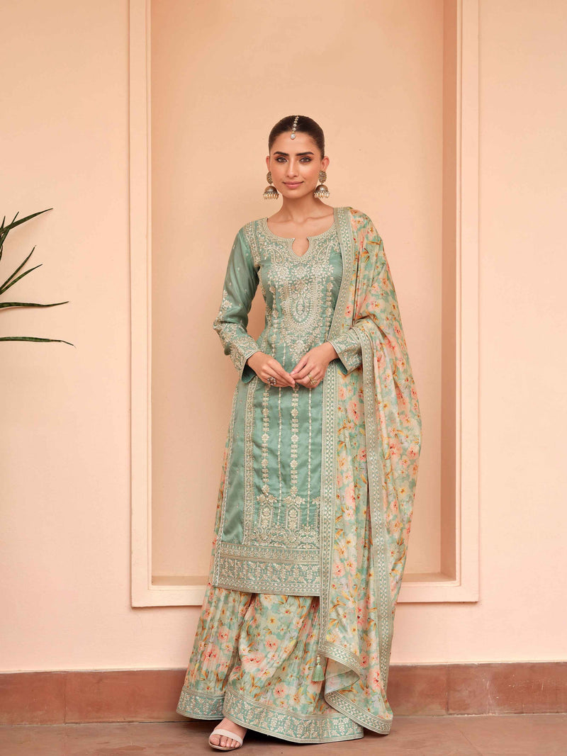Sage Green Simar Silk Palazzo Suit with Floral Chinnon Dupatta