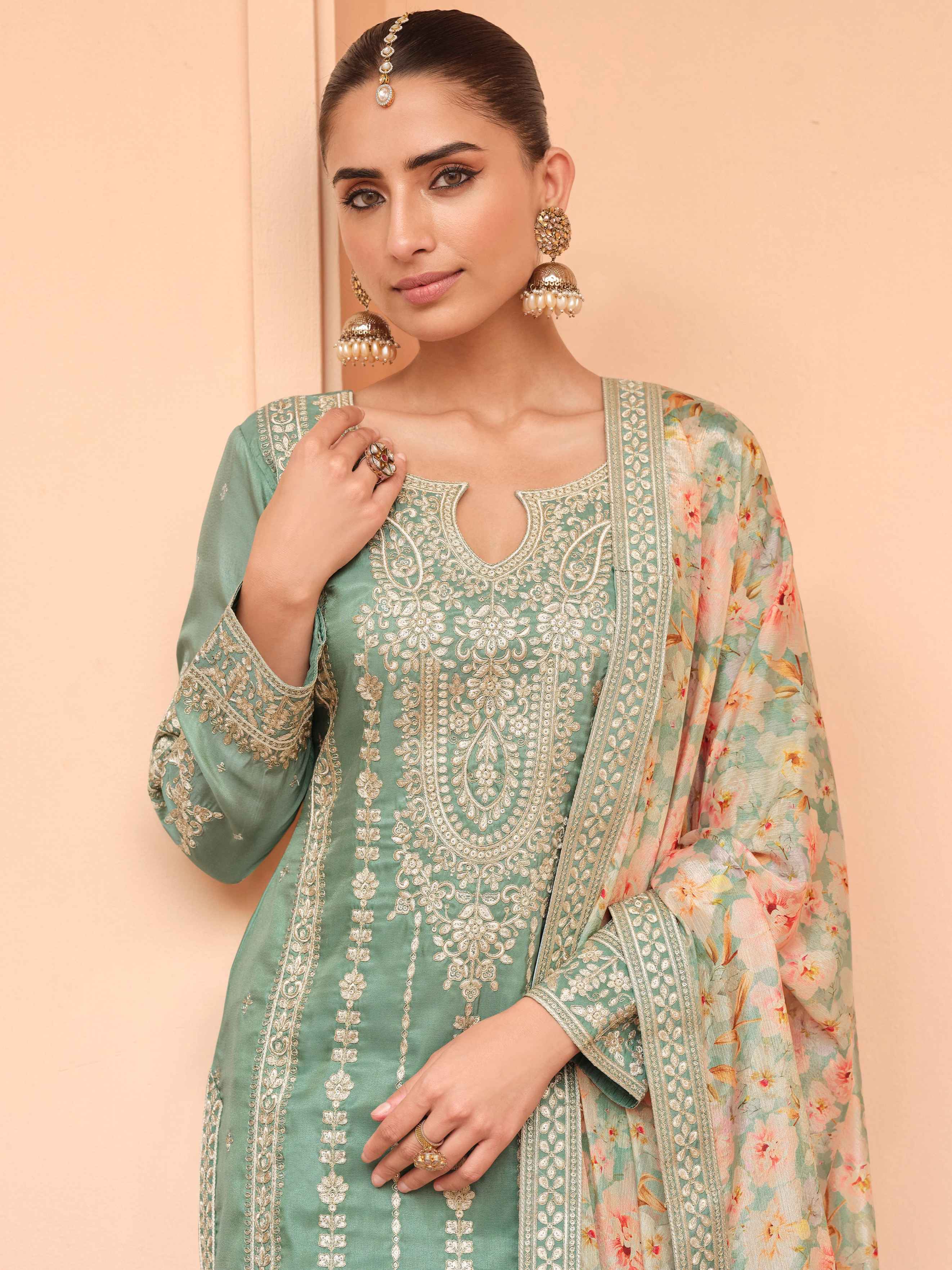 Sage Green Simar Silk Palazzo Suit with Floral Chinnon Dupatta