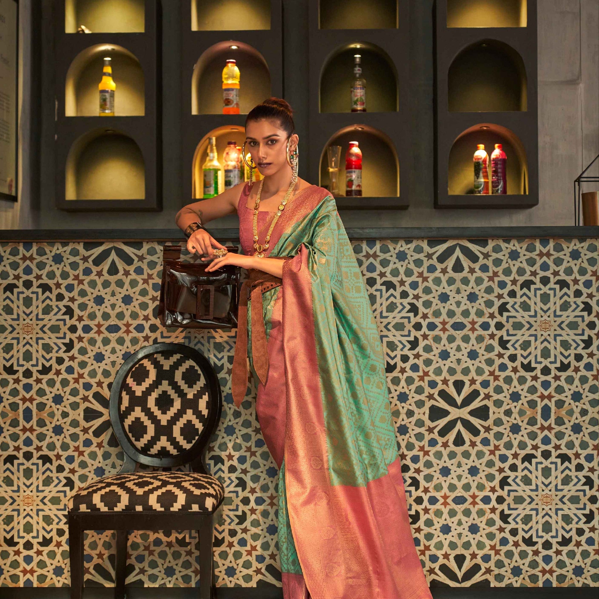 Mint Green & Pink Zari Handloom Silk Saree