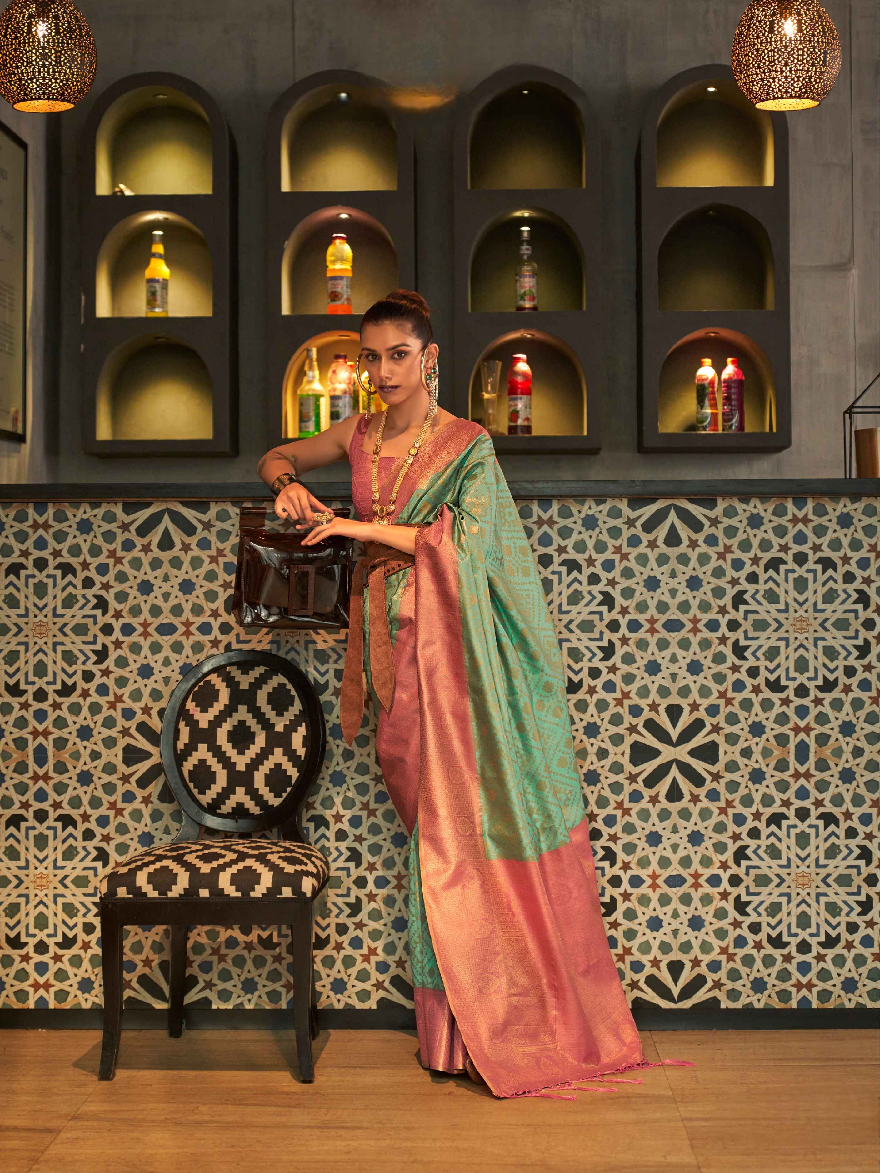 Mint Green &amp; Pink Zari Handloom Silk Saree