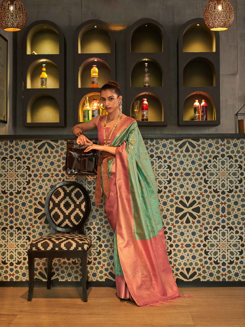 Mint Green & Pink Zari Handloom Silk Saree