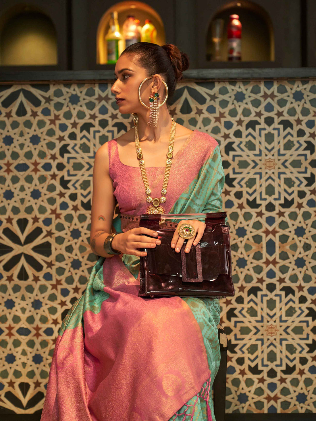 Mint Green &amp; Pink Zari Handloom Silk Saree