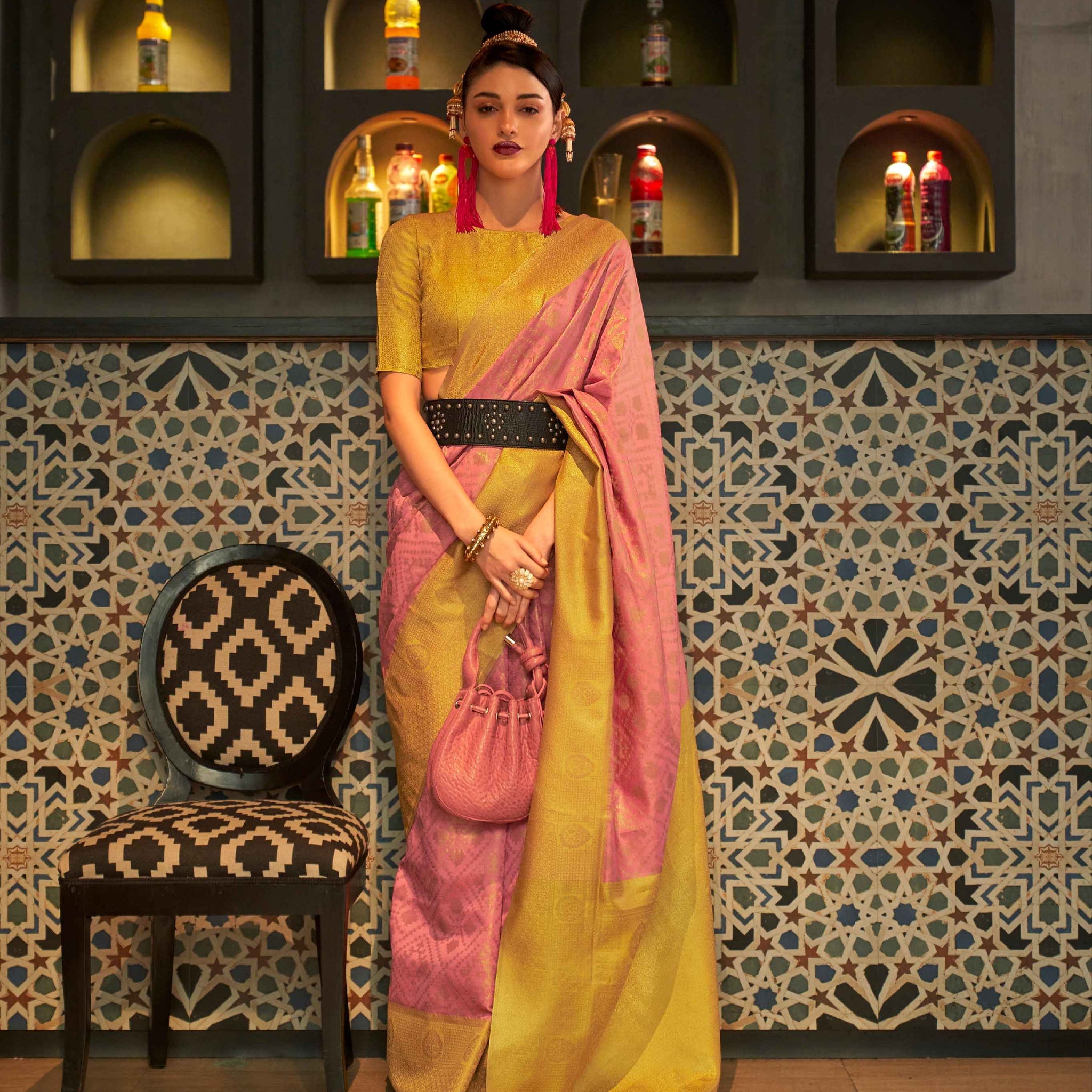 Yellow & Pink Zari Base Handloom Weaving Silk Saree