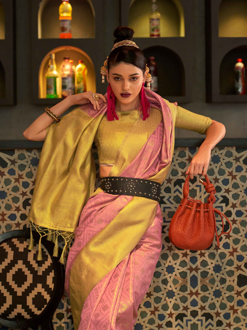 Yellow & Pink Zari Base Handloom Weaving Silk Saree