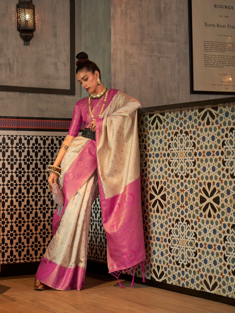 Ivory & Pink Zari Weaving Handloom Silk Saree