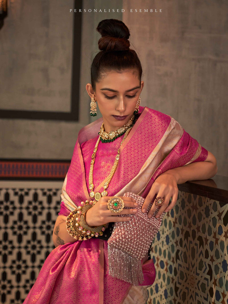 Ivory & Pink Zari Weaving Handloom Silk Saree