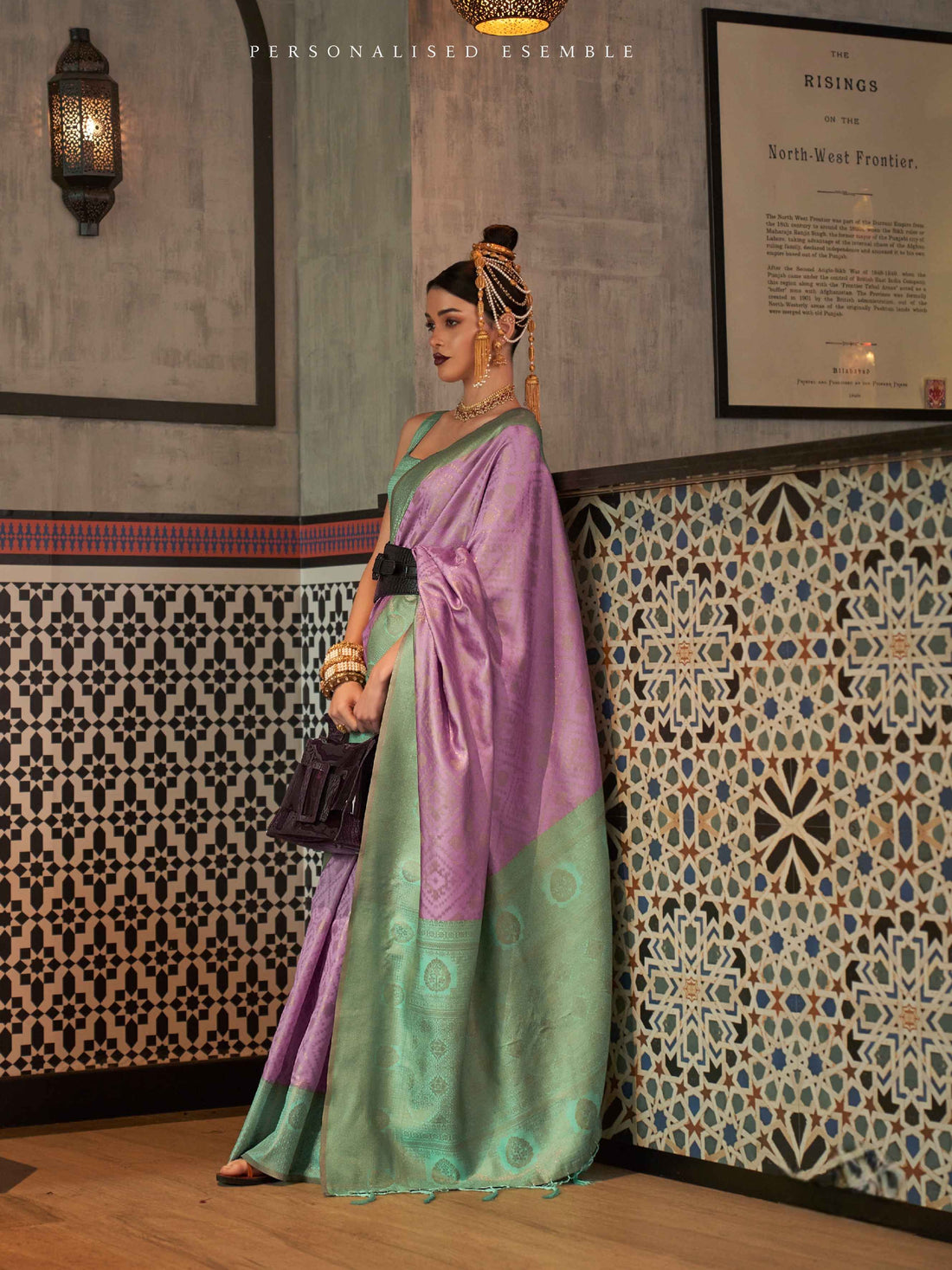 Lavender &amp; Sea Green Zari Handloom Weaving Silk Saree