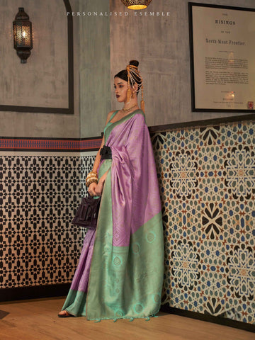 Lavender & Sea Green Zari Handloom Weaving Silk Saree
