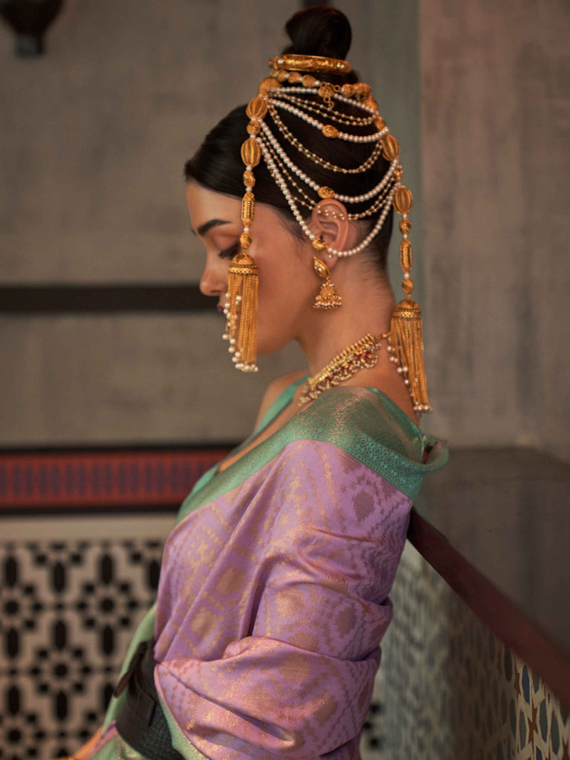 Lavender & Sea Green Zari Handloom Weaving Silk Saree