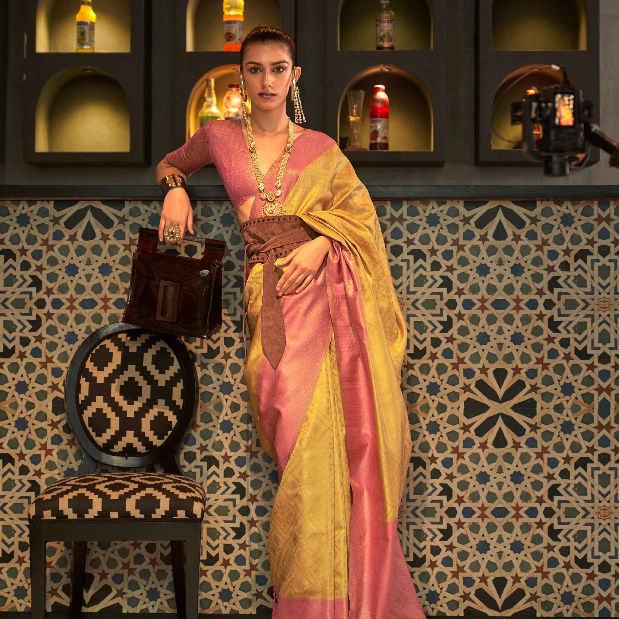 Yellow & Peach Zari Handloom Weaving Silk Saree