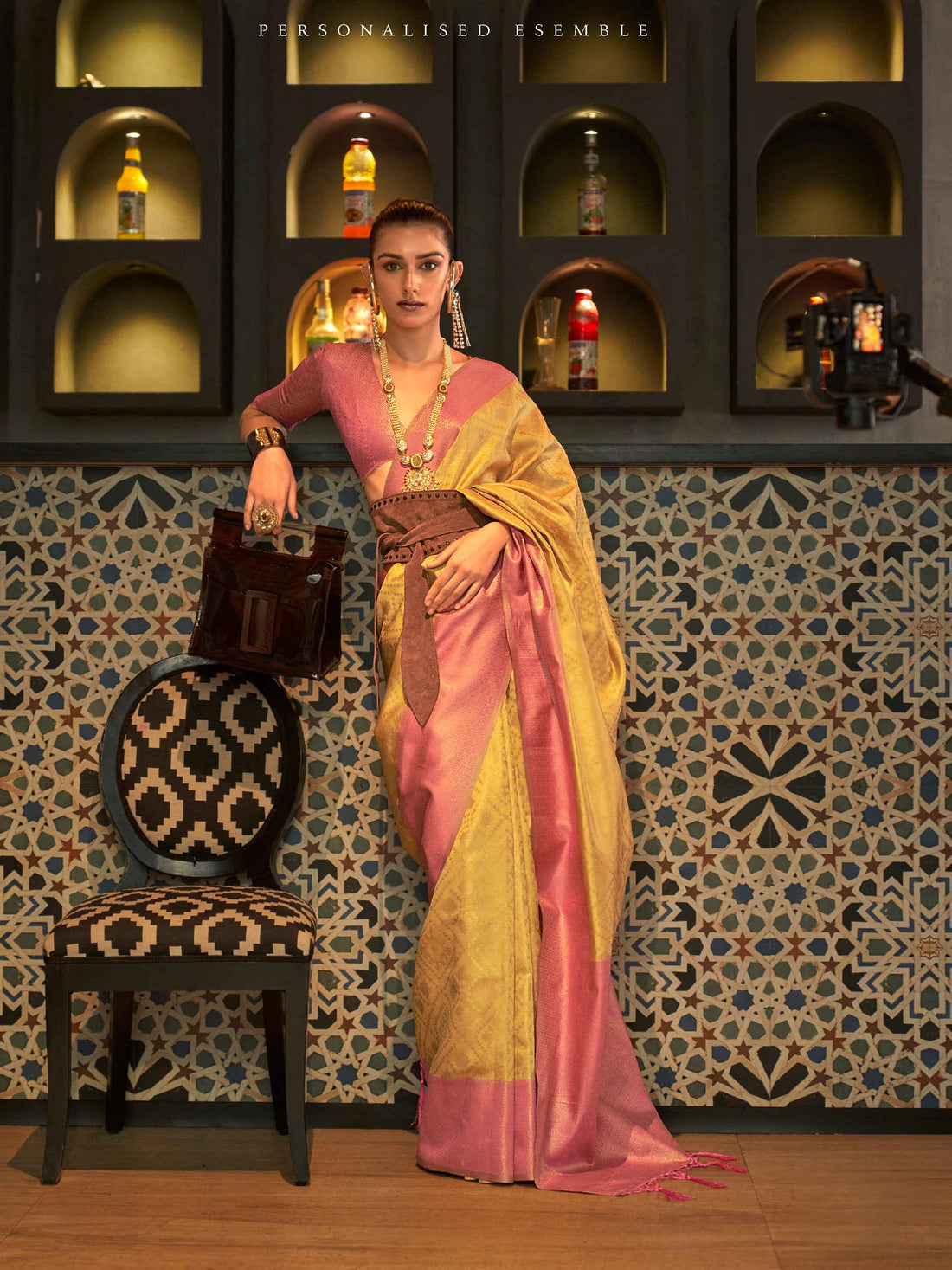 Yellow &amp; Peach Zari Handloom Weaving Silk Saree