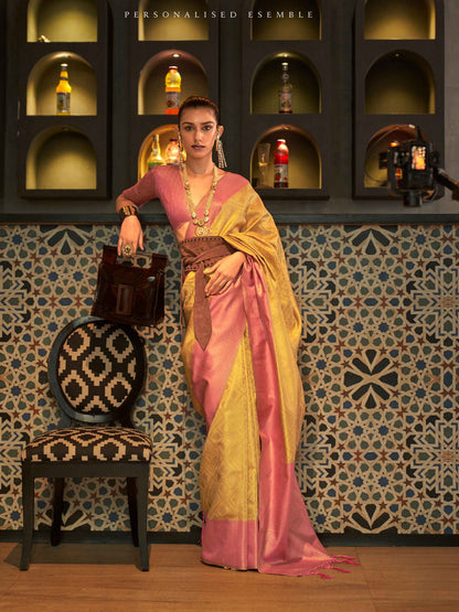 Yellow &amp; Peach Zari Handloom Weaving Silk Saree
