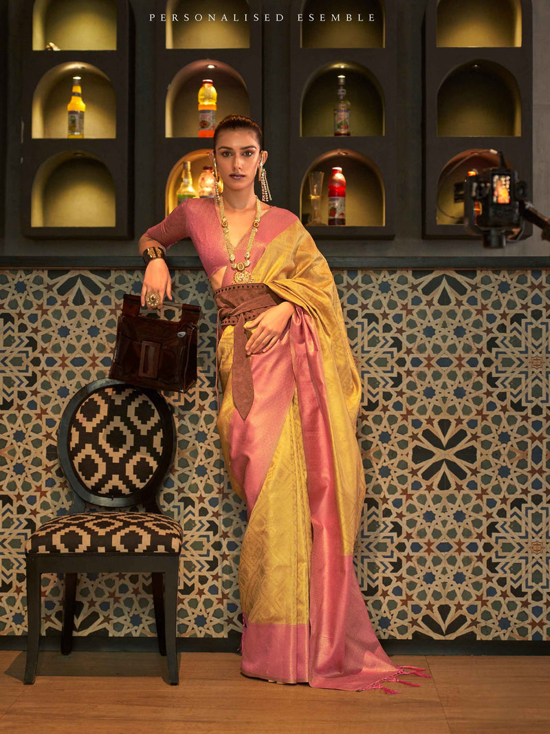 Yellow & Peach Zari Handloom Weaving Silk Saree