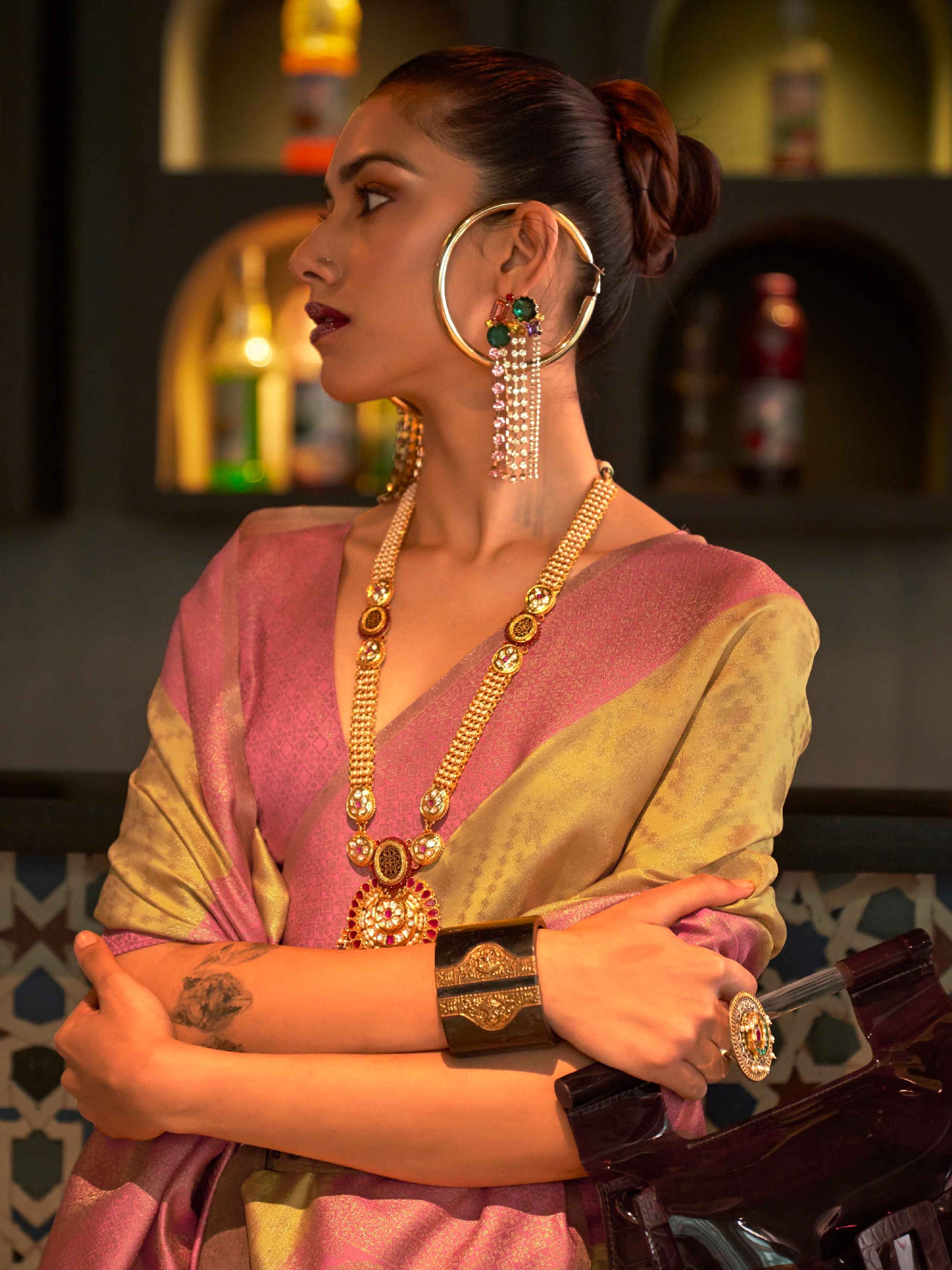 Yellow & Peach Zari Handloom Weaving Silk Saree