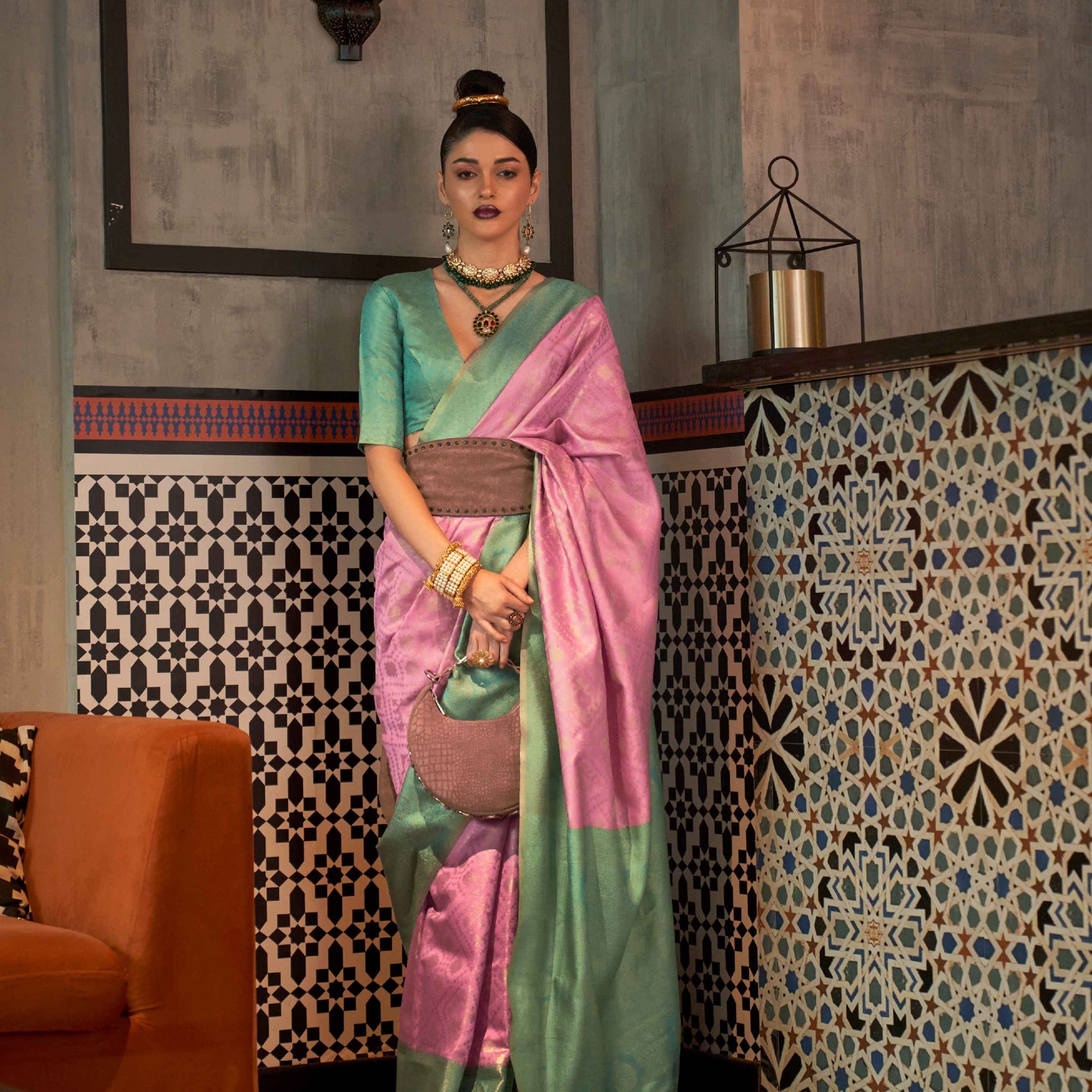 Sea Green & Lilac Zari Handloom Weaving Silk Saree