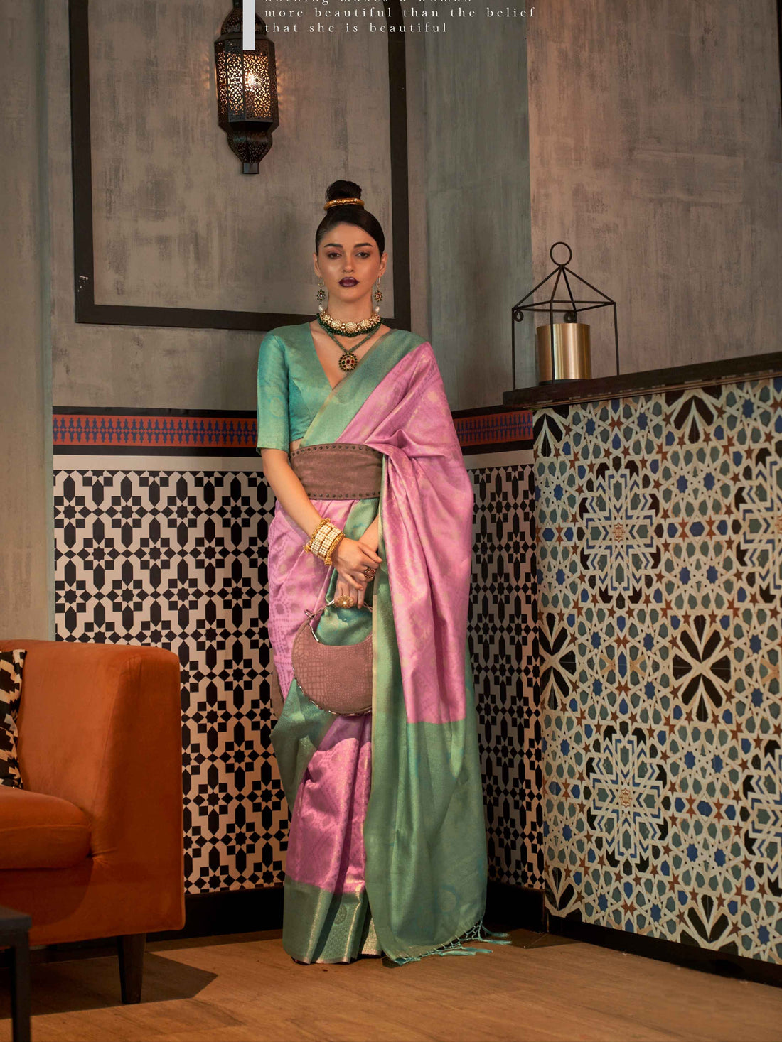 Sea Green &amp; Lilac Zari Handloom Weaving Silk Saree