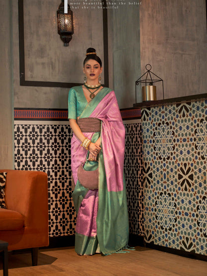 Sea Green &amp; Lilac Zari Handloom Weaving Silk Saree