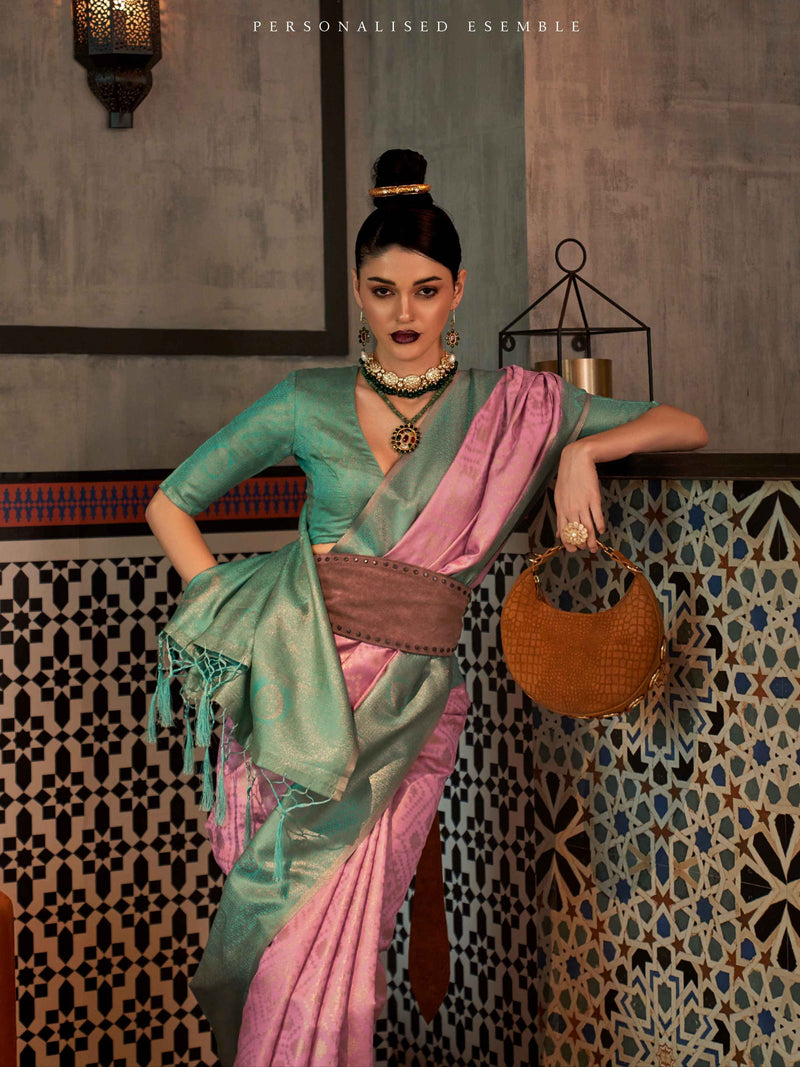 Sea Green & Lilac Zari Handloom Weaving Silk Saree