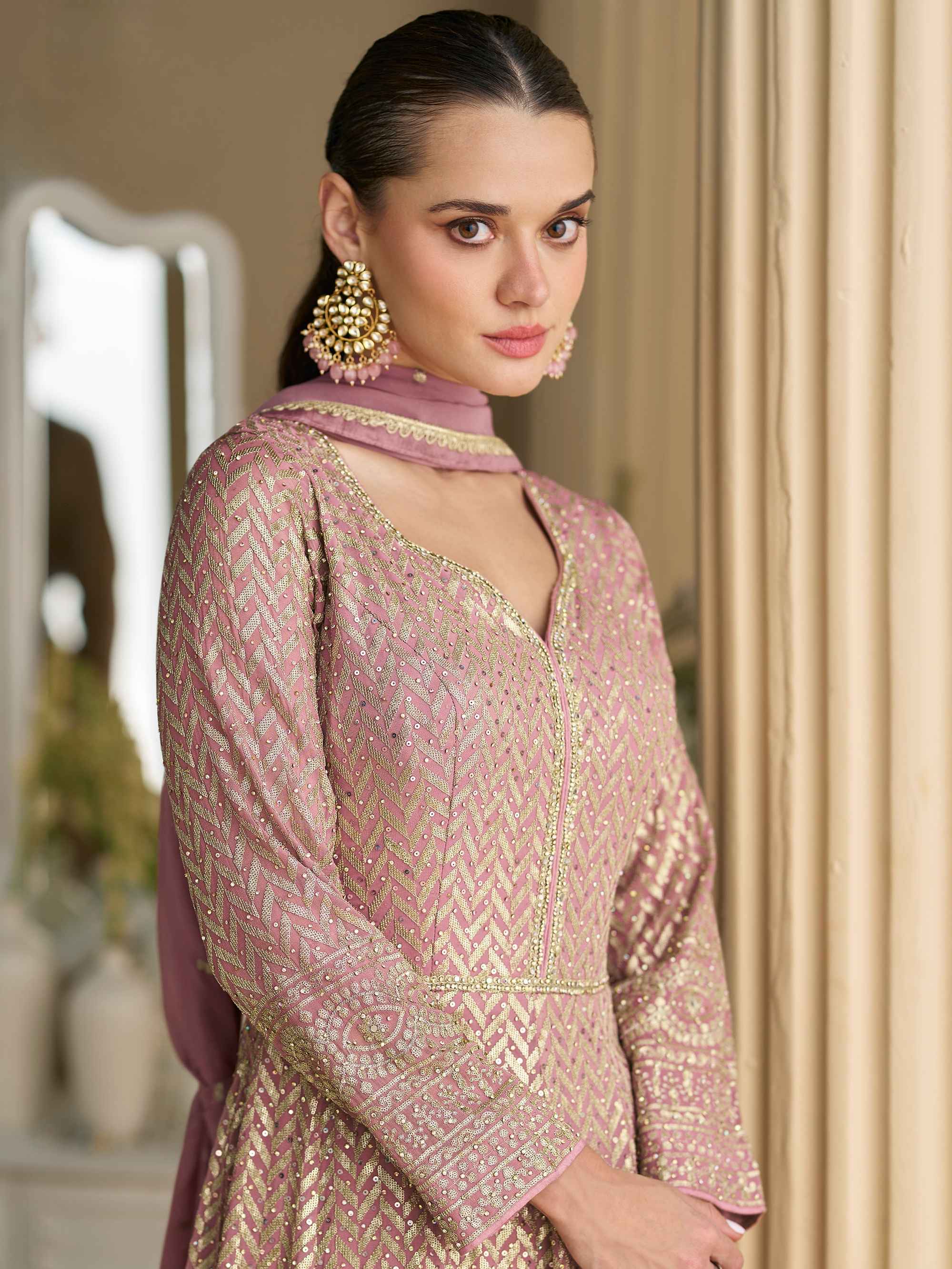 Dusty Pink Embroidered Georgette Anarkali Gown with Dupatta