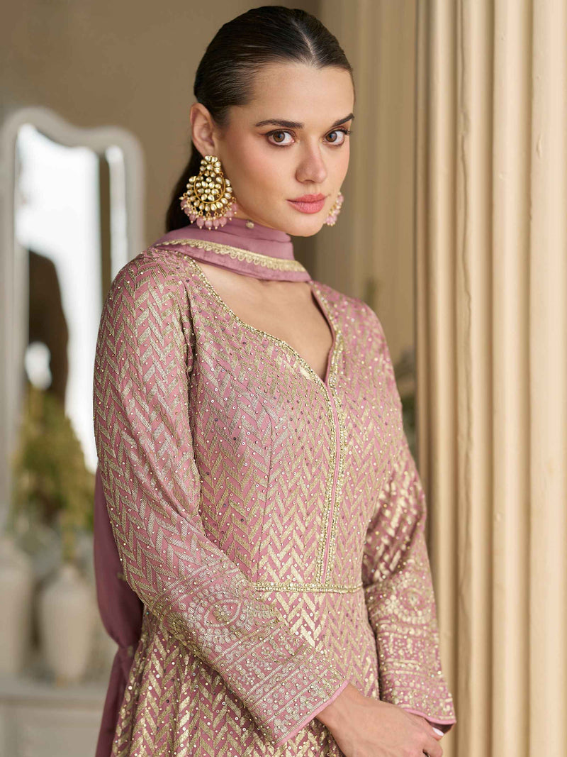 Dusty Pink Embroidered Georgette Anarkali Gown with Dupatta