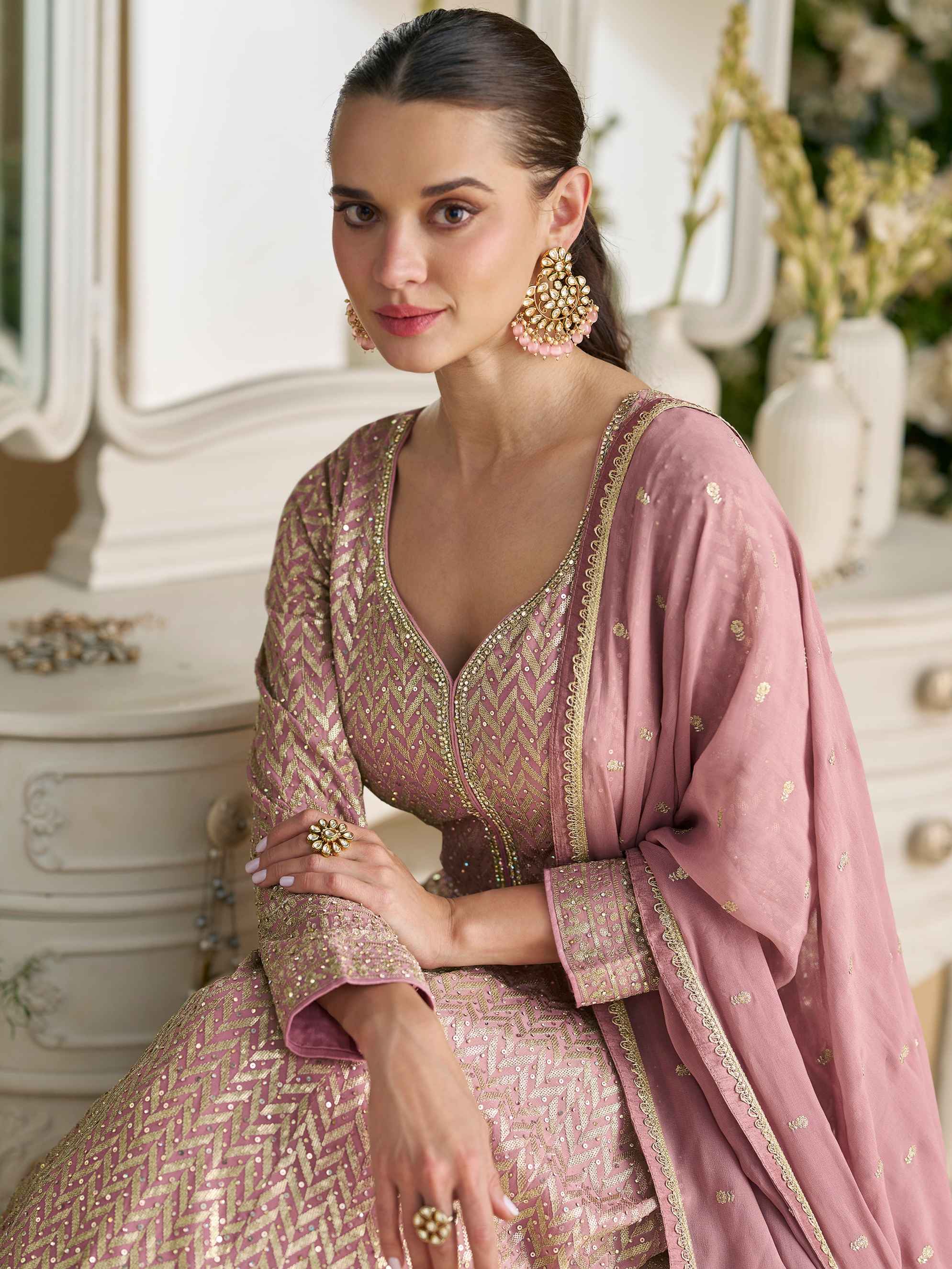 Dusty Pink Embroidered Georgette Anarkali Gown with Dupatta