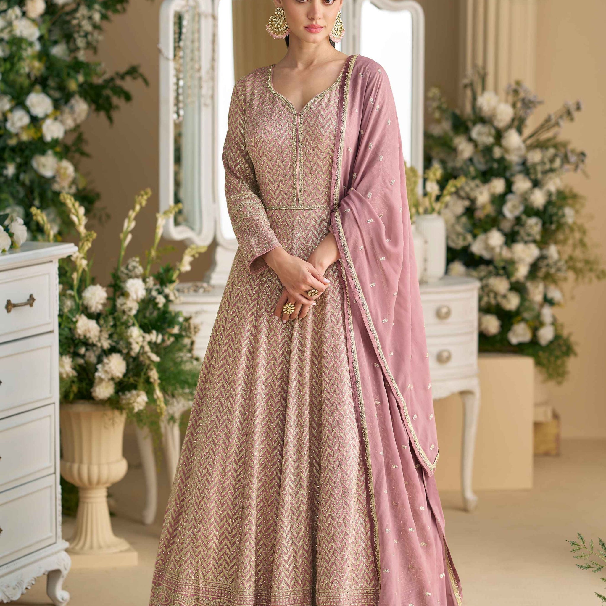 Dusty Pink Embroidered Georgette Anarkali Gown with Dupatta