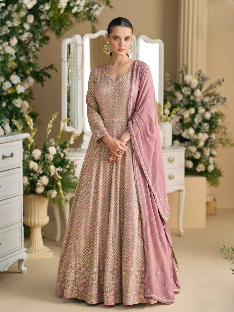 Dusty Pink Embroidered Georgette Anarkali Gown with Dupatta