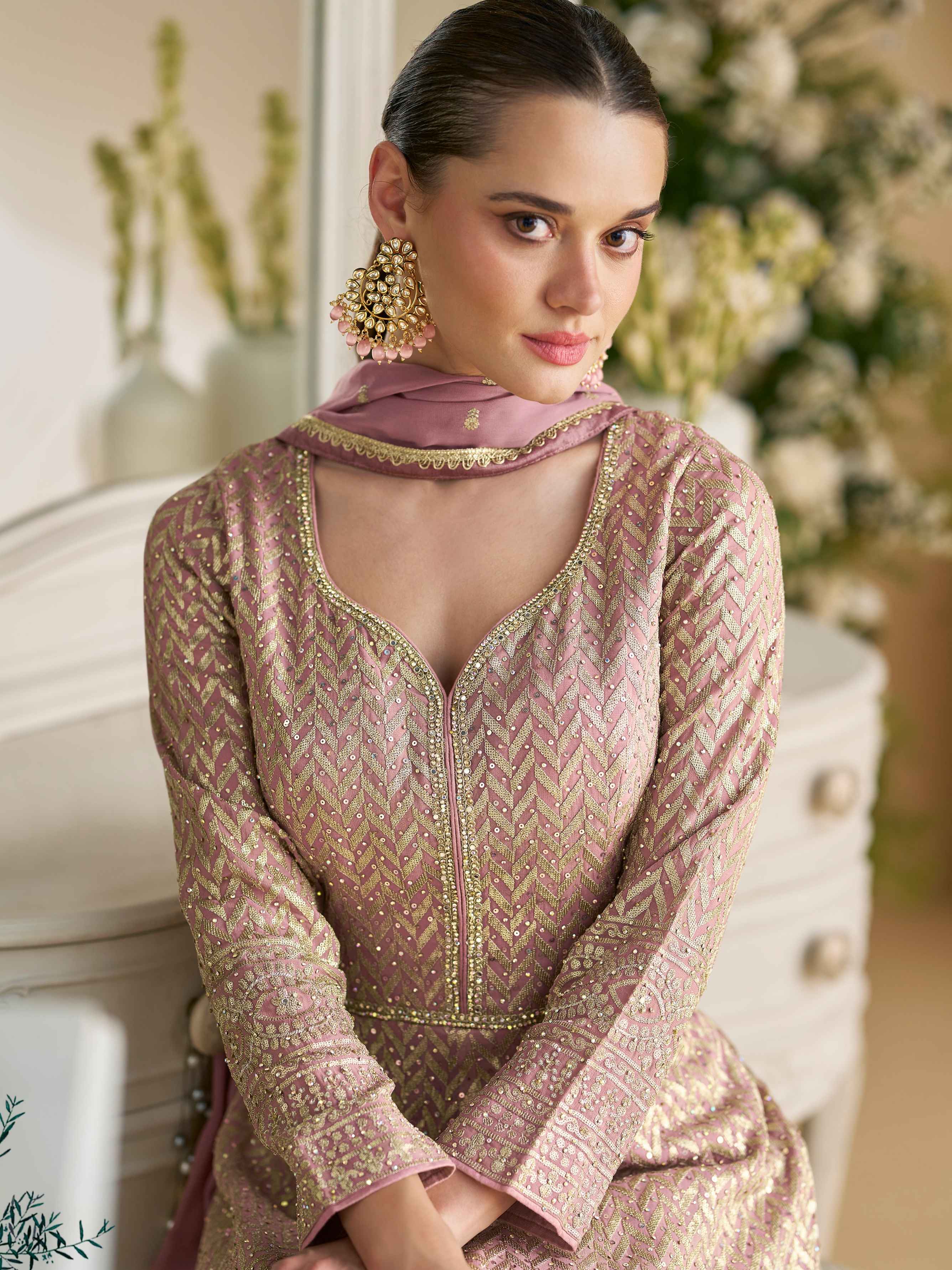 Dusty Pink Embroidered Georgette Anarkali Gown with Dupatta