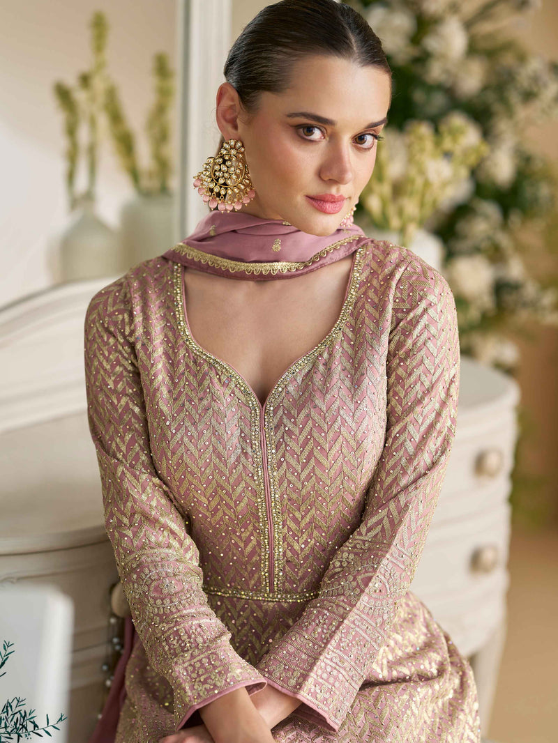 Dusty Pink Embroidered Georgette Anarkali Gown with Dupatta