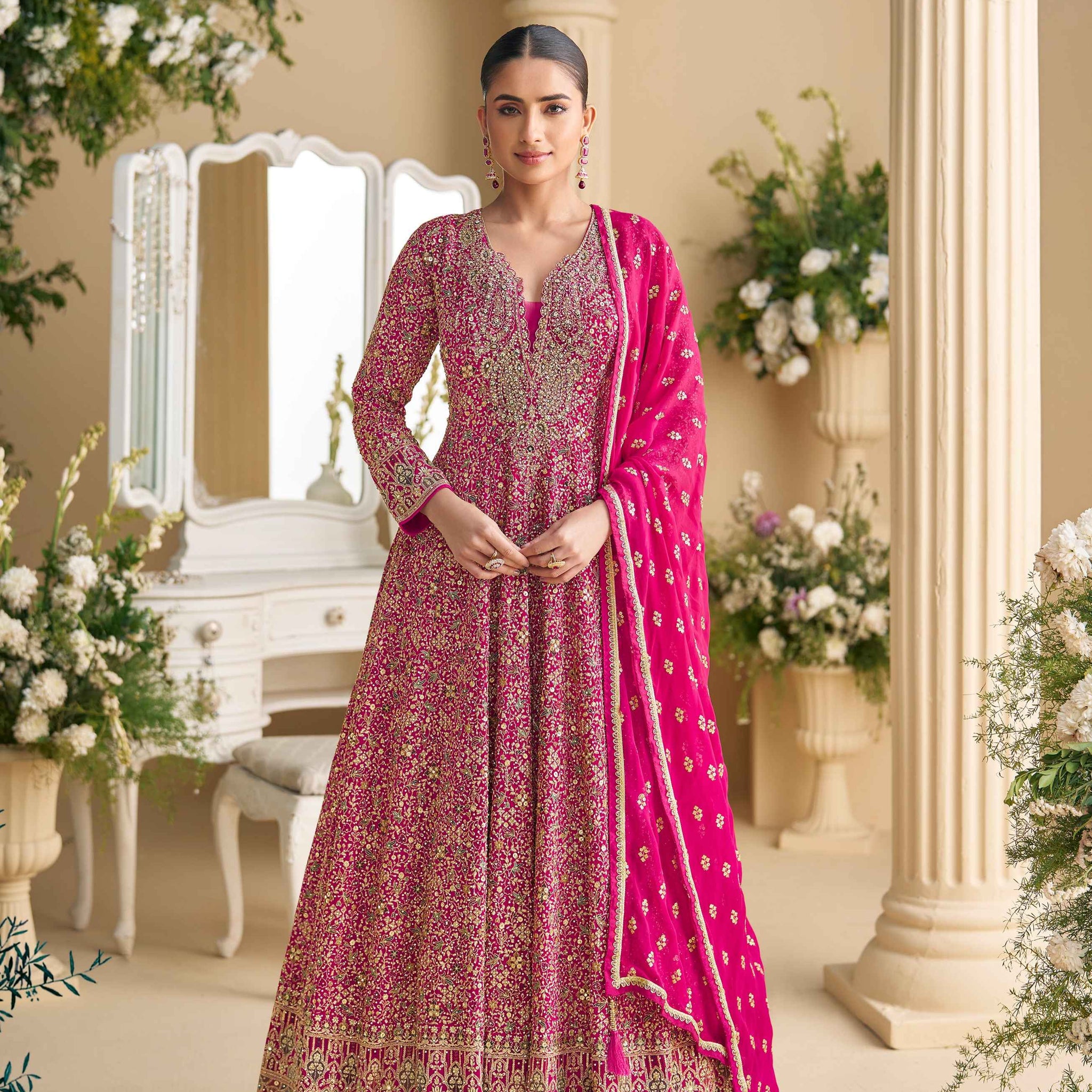 Magenta Heavy Embroidered Georgette Anarkali Gown with Dupatta