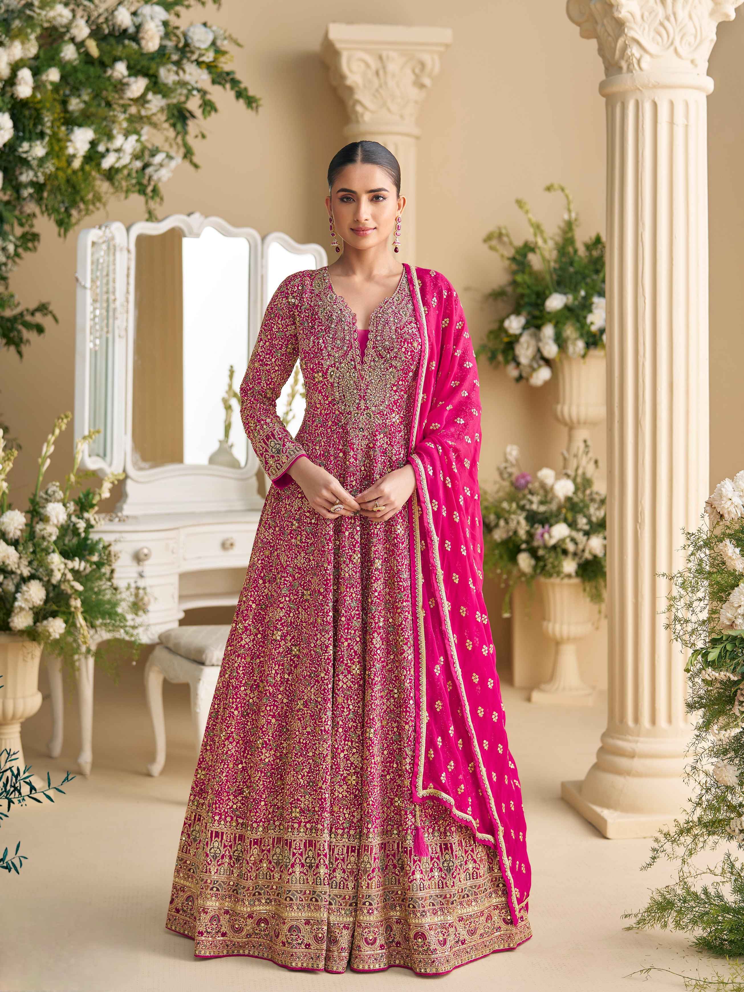 Magenta Heavy Embroidered Georgette Anarkali Gown with Dupatta