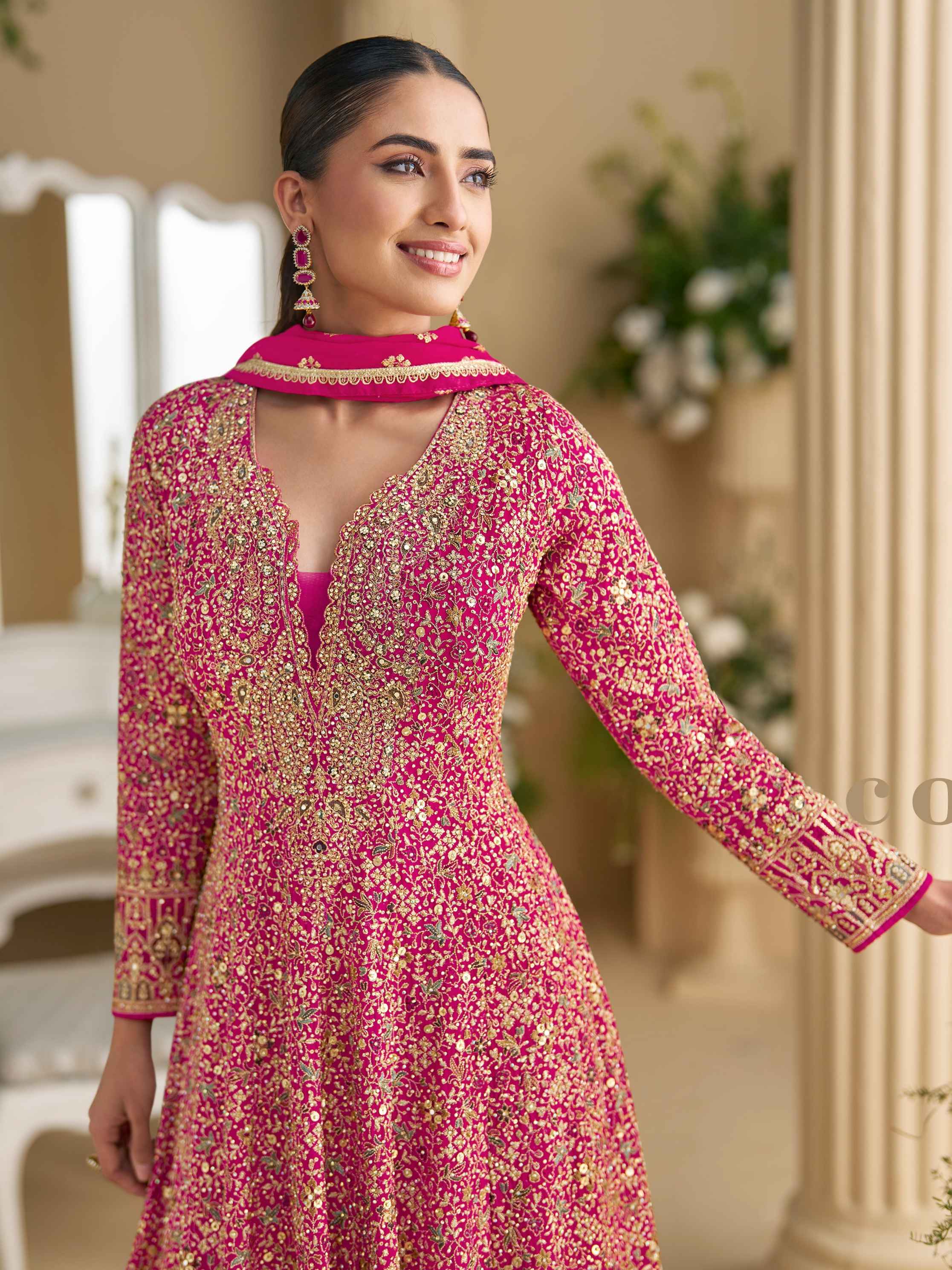 Magenta Heavy Embroidered Georgette Anarkali Gown with Dupatta