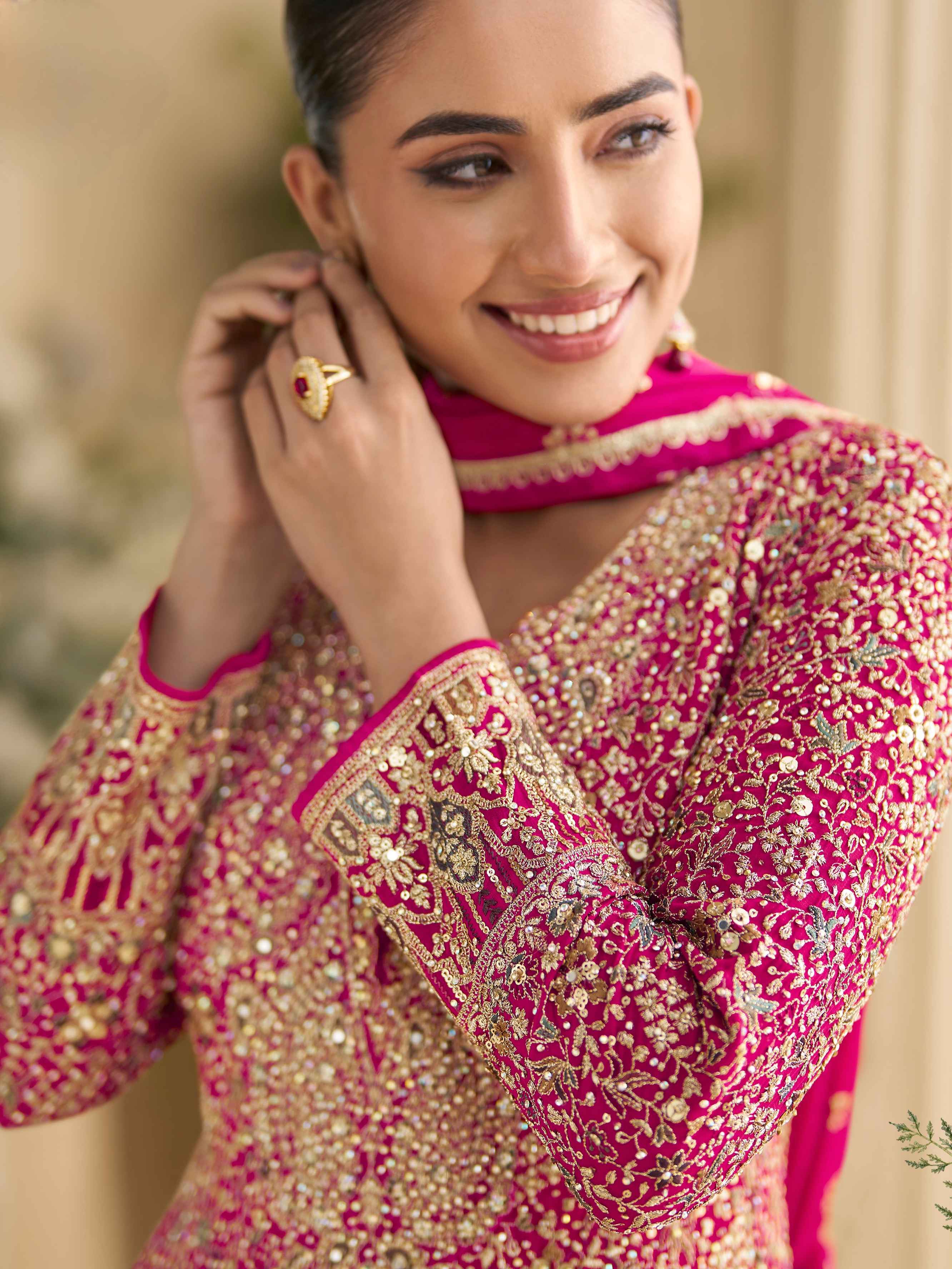 Magenta Heavy Embroidered Georgette Anarkali Gown with Dupatta