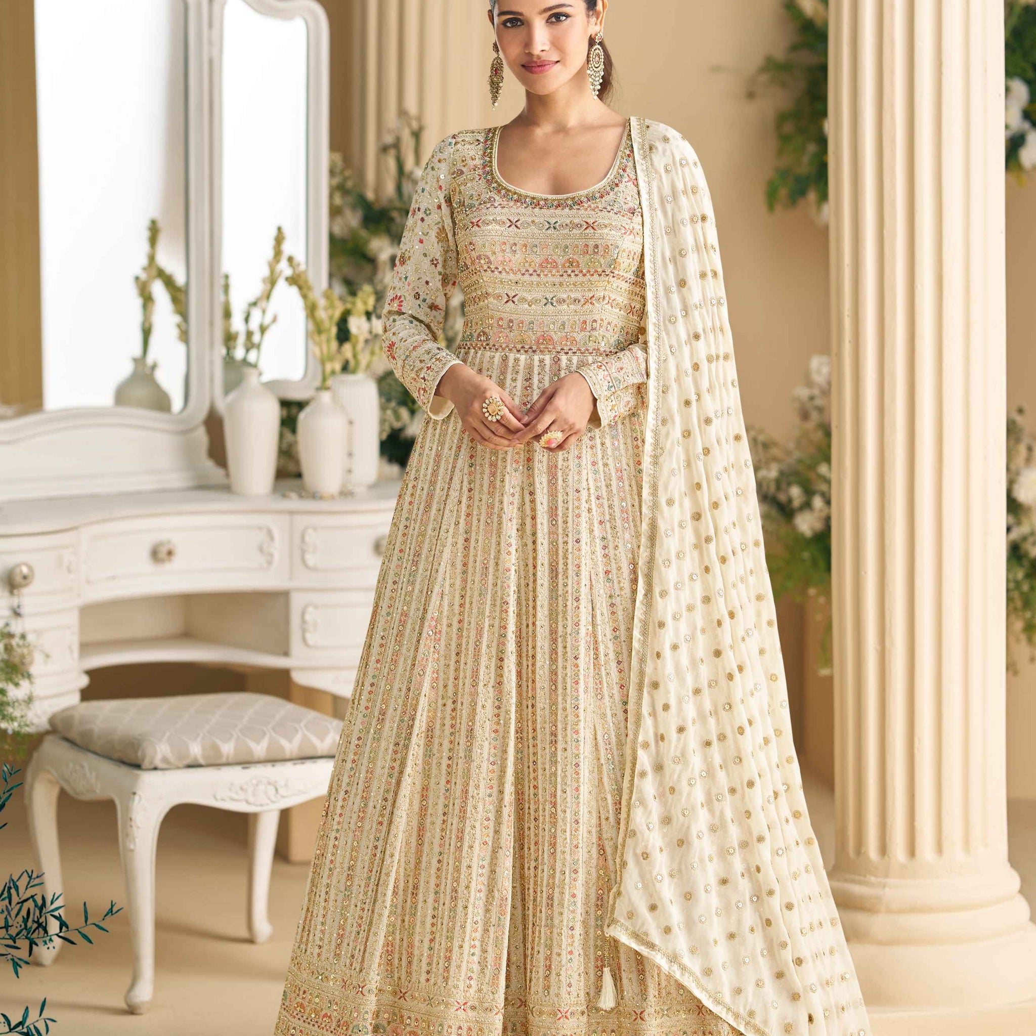 Cream Heavy Embroidered Georgette Anarkali Gown with Dupatta