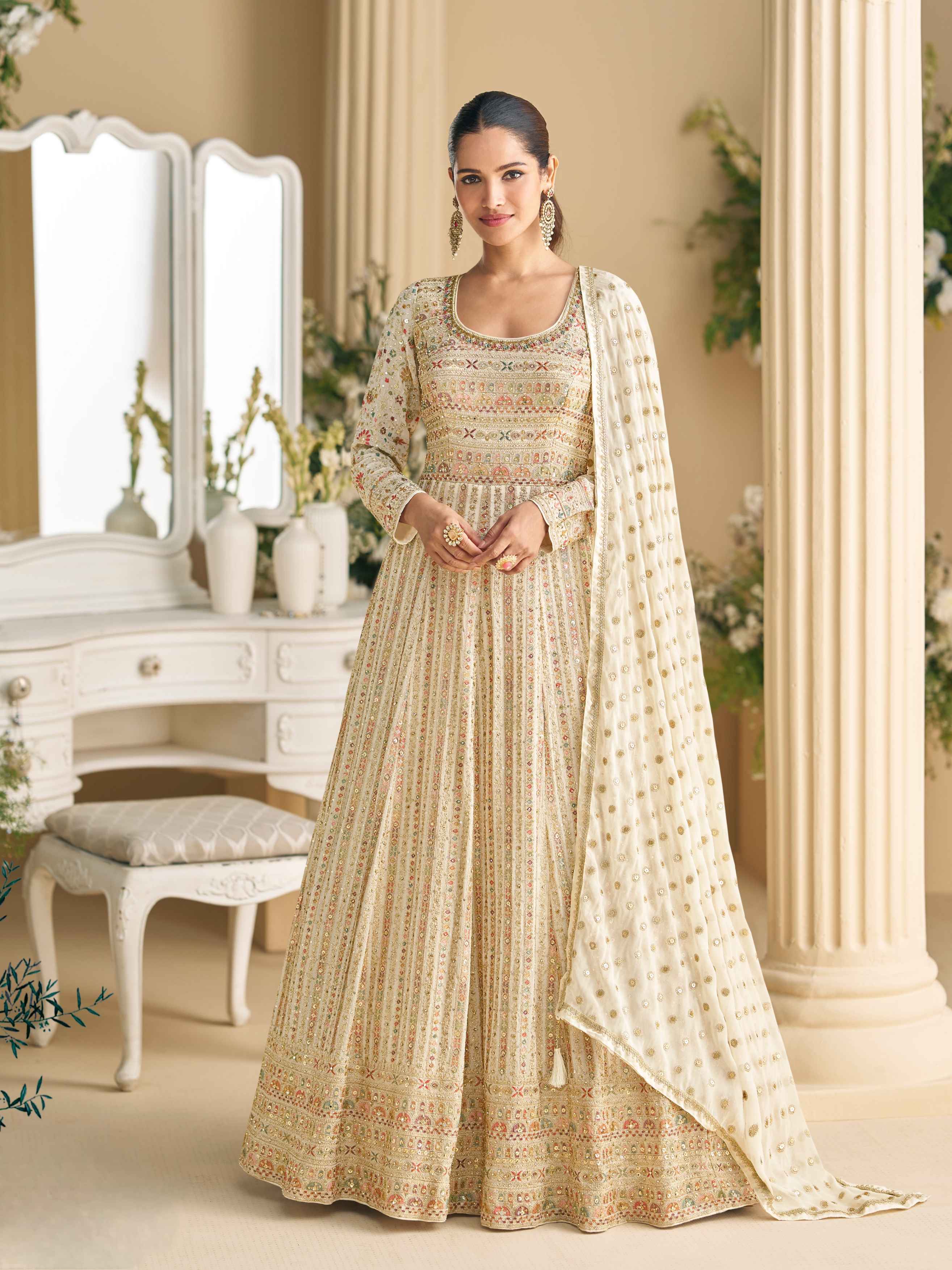 Cream Heavy Embroidered Georgette Anarkali Gown with Dupatta