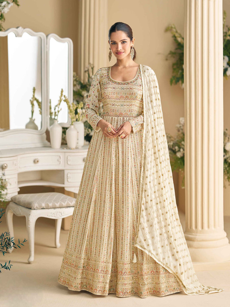 Cream Heavy Embroidered Georgette Anarkali Gown with Dupatta