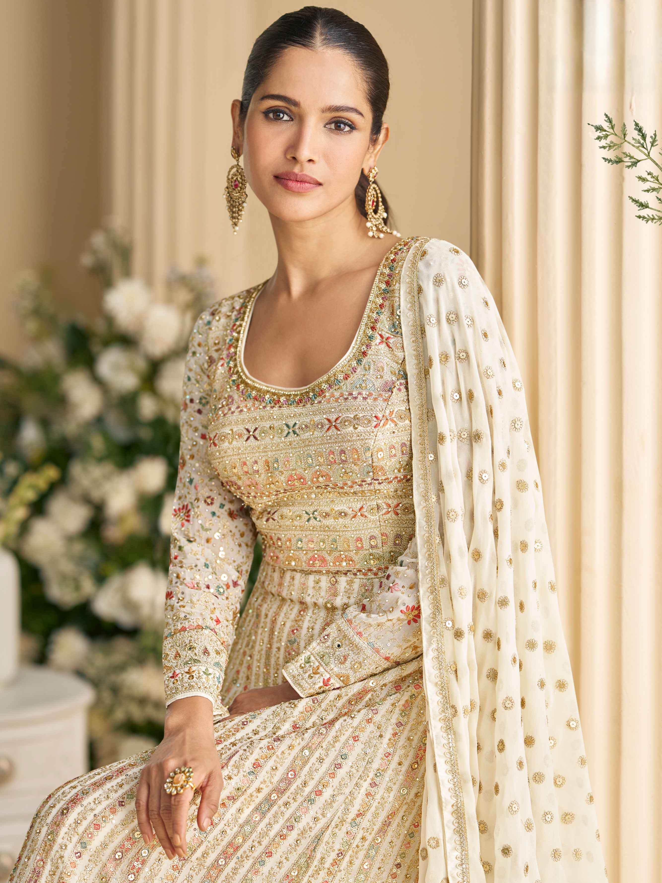 Cream Heavy Embroidered Georgette Anarkali Gown with Dupatta